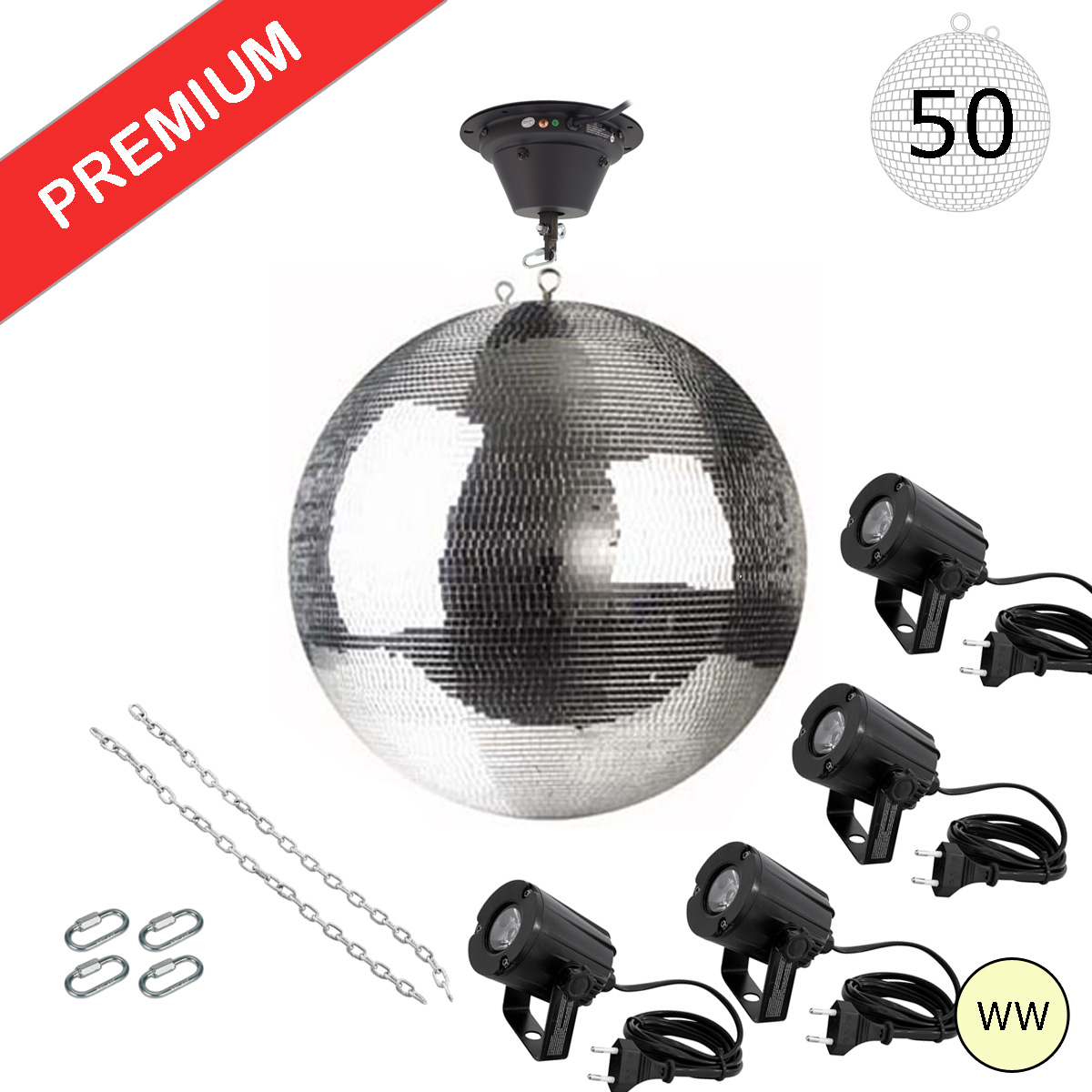 Spiegelkugel Komplettset - Discokugel, Motor, Pinspot, Montagematerial für Diskokugel - Mirrorball Set - Partyset