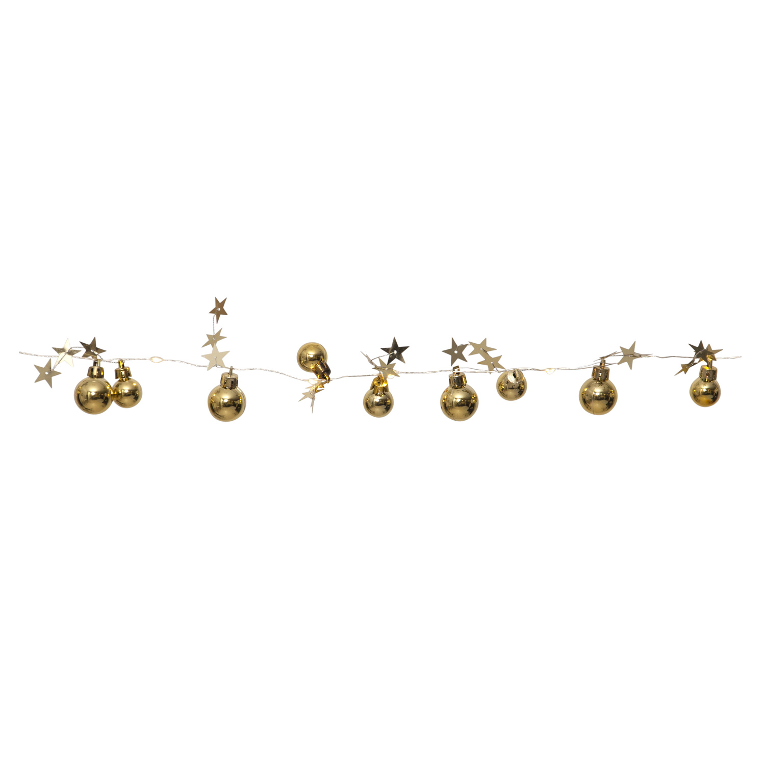 LED-Lichterkette "Xmas" - 10 warmweiße LED - goldene Kugeln und Sterne - 0,9m - Batterie - Timer