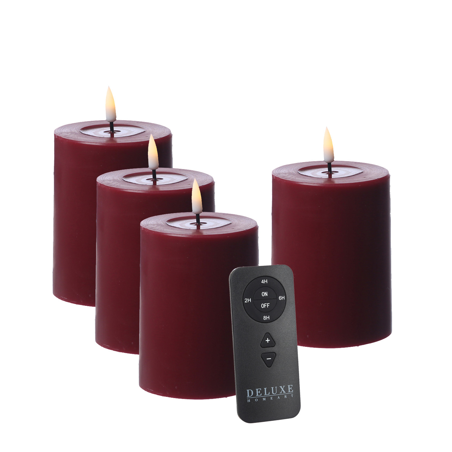 LED Kerzenset MIA - Echtwachs - H: 10cm/D: 7,5cm - mit Batt./Fernbedienung - bordeauxrot - 4er Set