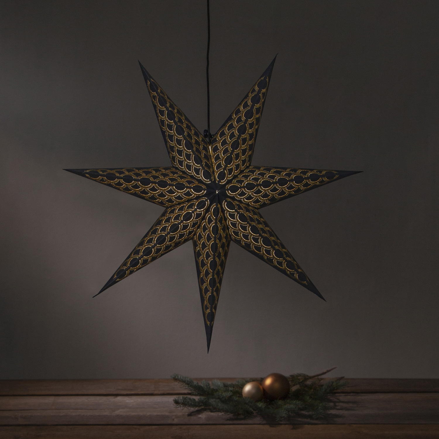 Papierstern Brodie - hängend - D: 60cm - Stickerei - Baumwolle - schwarz