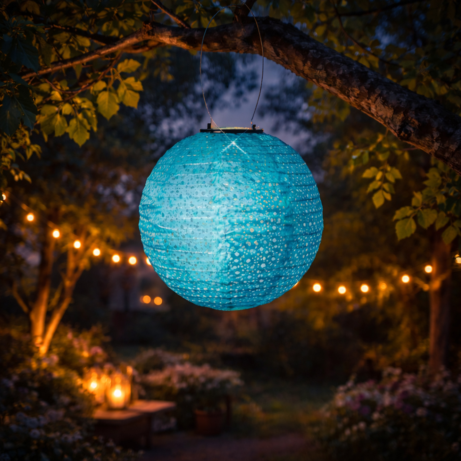 LED Solar Lampion - mit Blumenmuster - warmweiße LED - H: 25cm - D: 25cm - Lichtsensor - blau