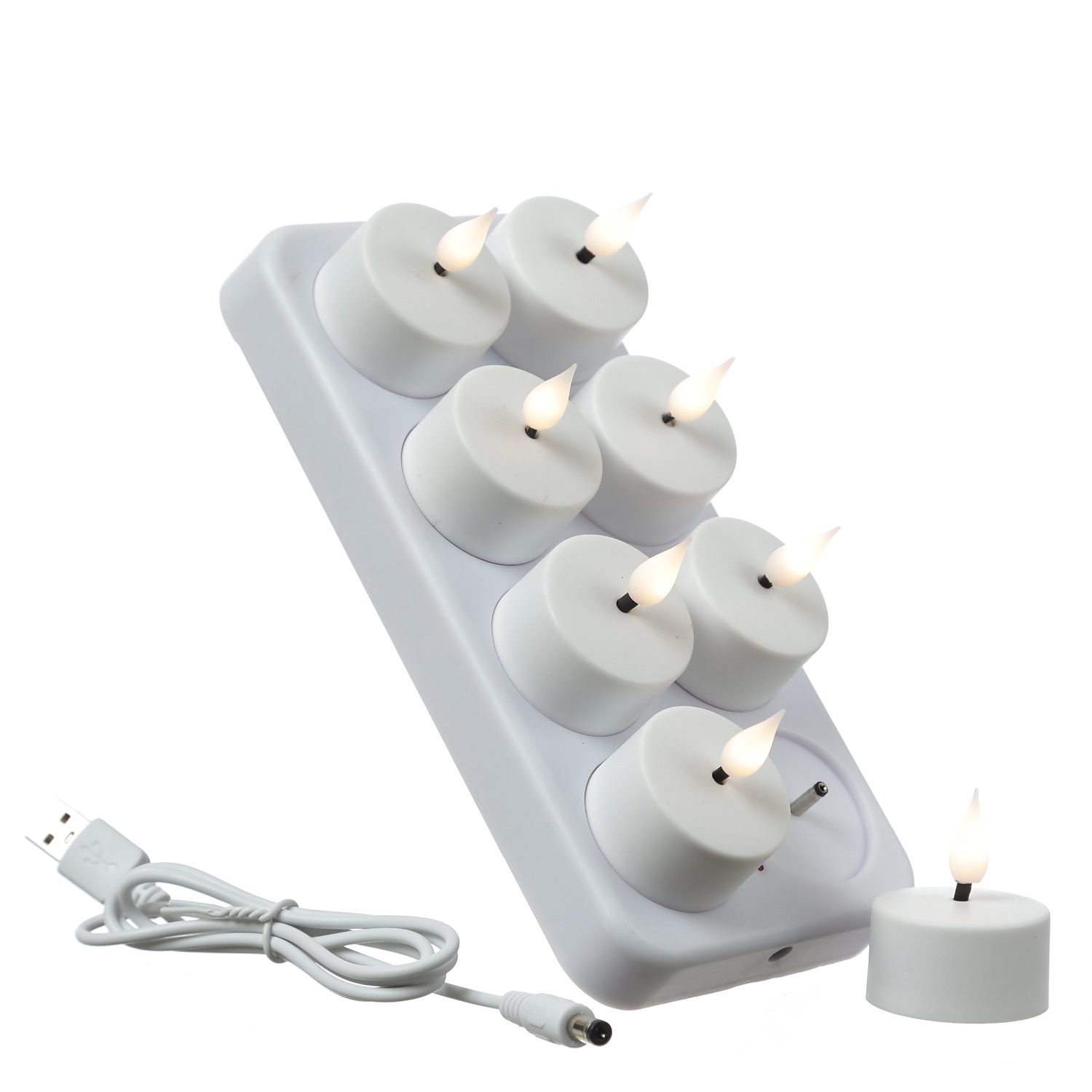 LED Teelichter - 8 wiederaufladbare LED Teelichter mit Ladestation - D: 4cm - flackernd - weiß