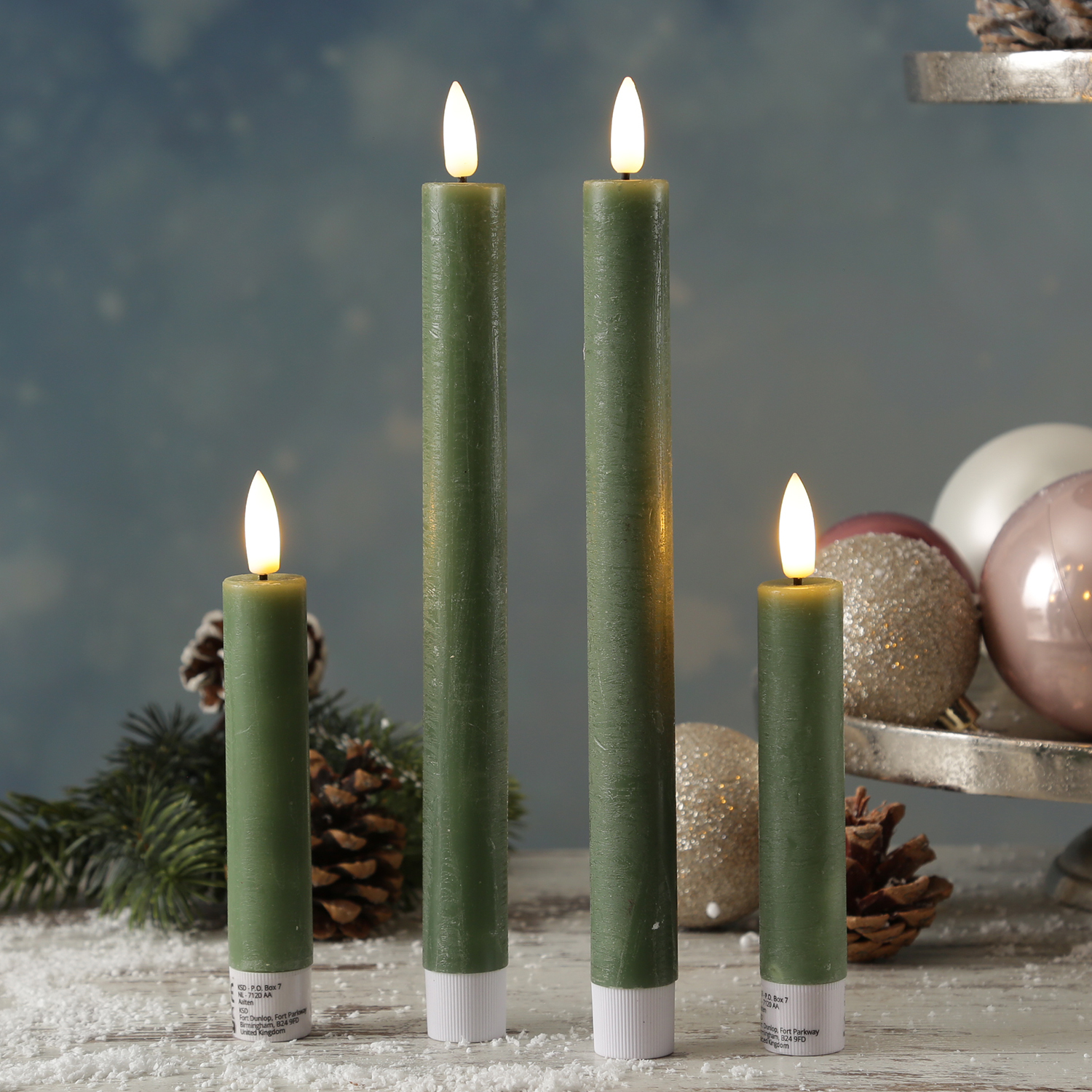 LED Stabkerzen LINA - Rustik-Optik - Echtwachs - 3D Flamme - H: 16cm - Timer - grün - 2er Set