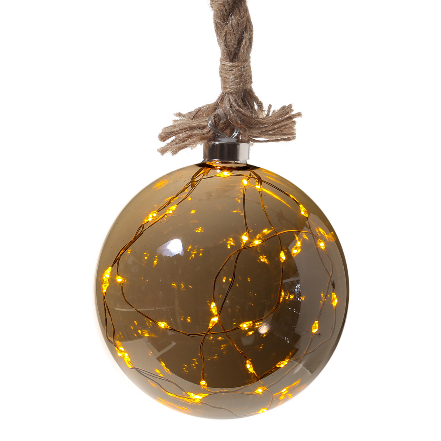 LED Glaskugel JUTTA - mit Juteseil - 40 bernsteinfarbene LED - D: 20cm - Timer - rauchig grau