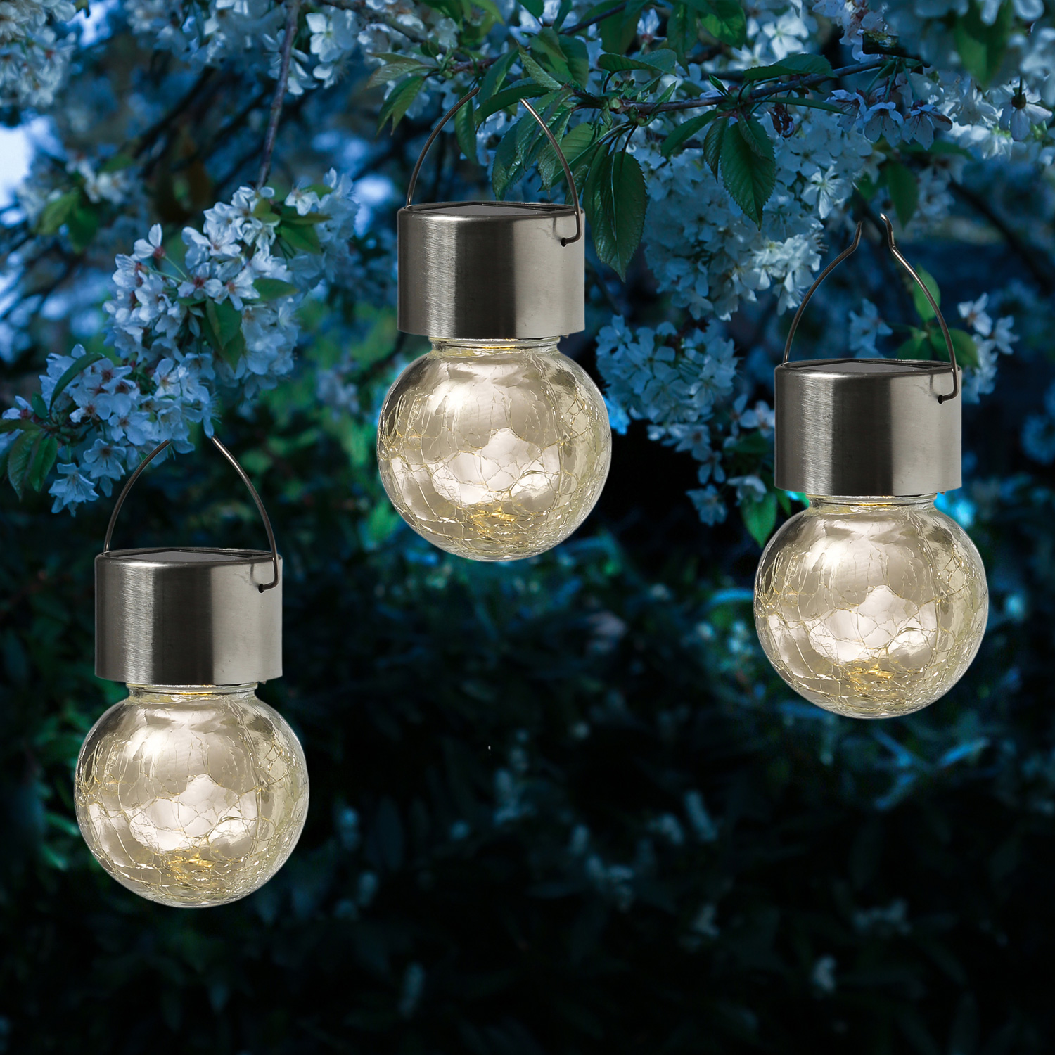 LED Solar Hängelampe Crackle - 1 warmweisse LED - H- 10cm D- 6cm - Edelstahl