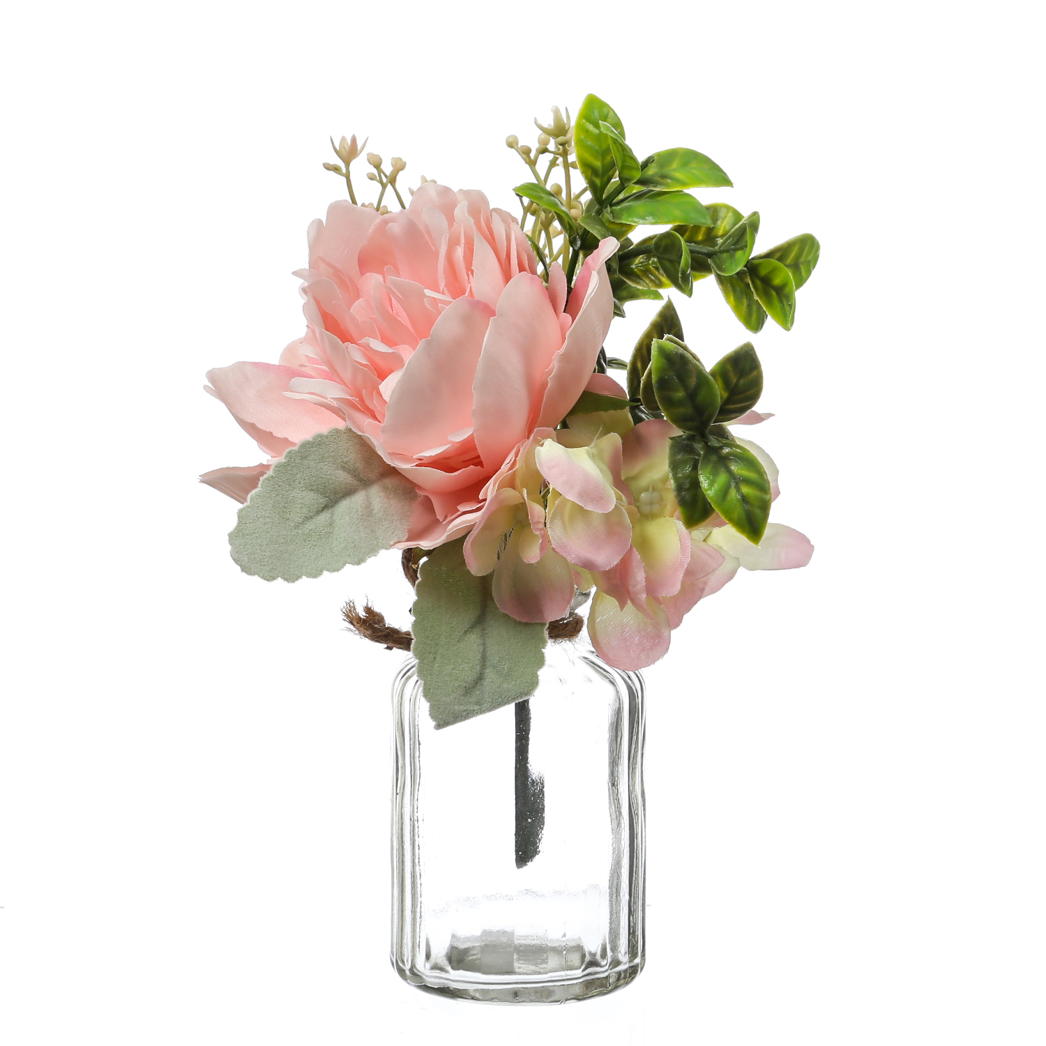 Kunstblumenstrauß in Mini Glasvase - Pfingstrose und Hortensie in Blumenvase - H: 20cm - rosa