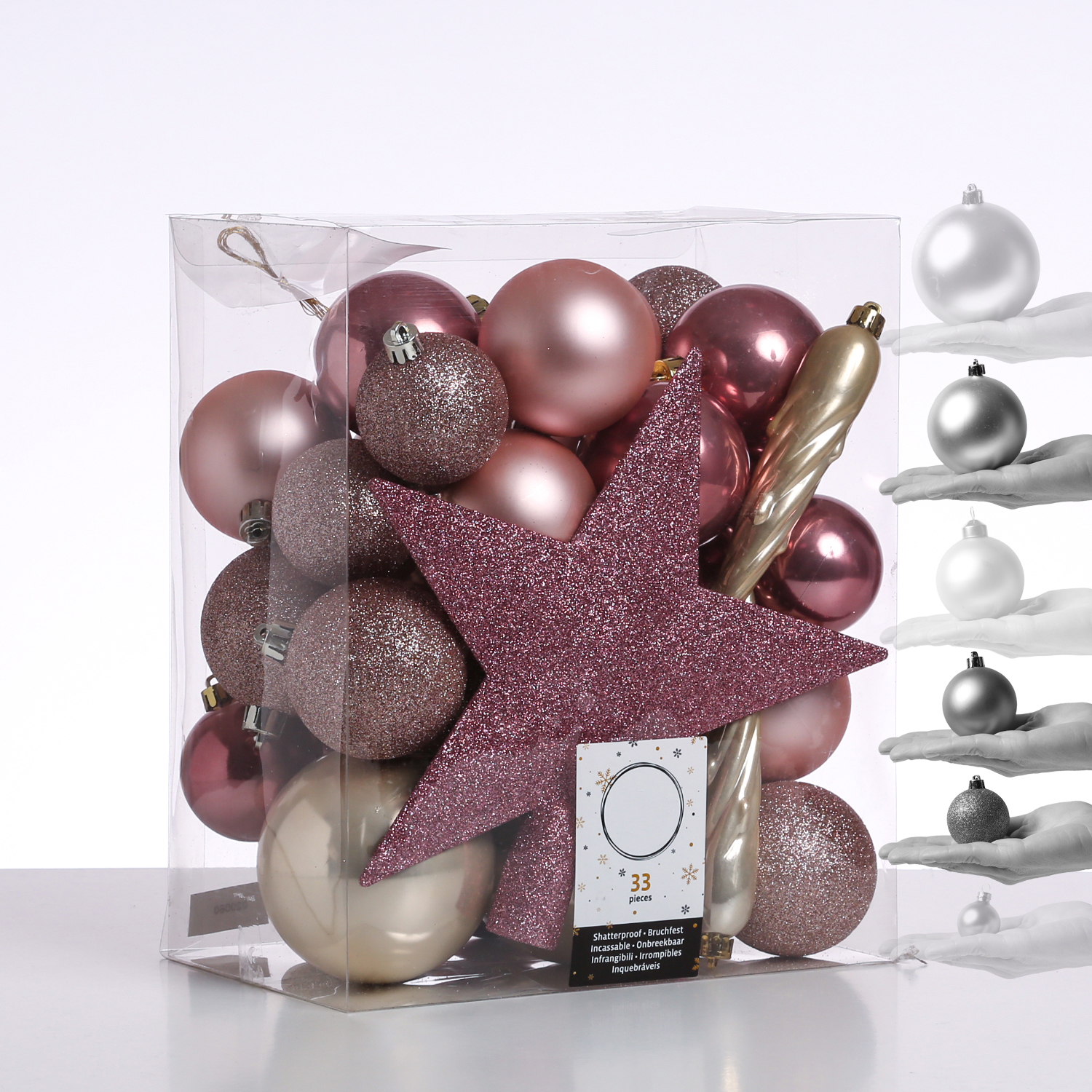 Christbaumkugel - Weihnachtskugel - bruchfest - glänzend matt glitzernd - champagner rosa - 33er Set