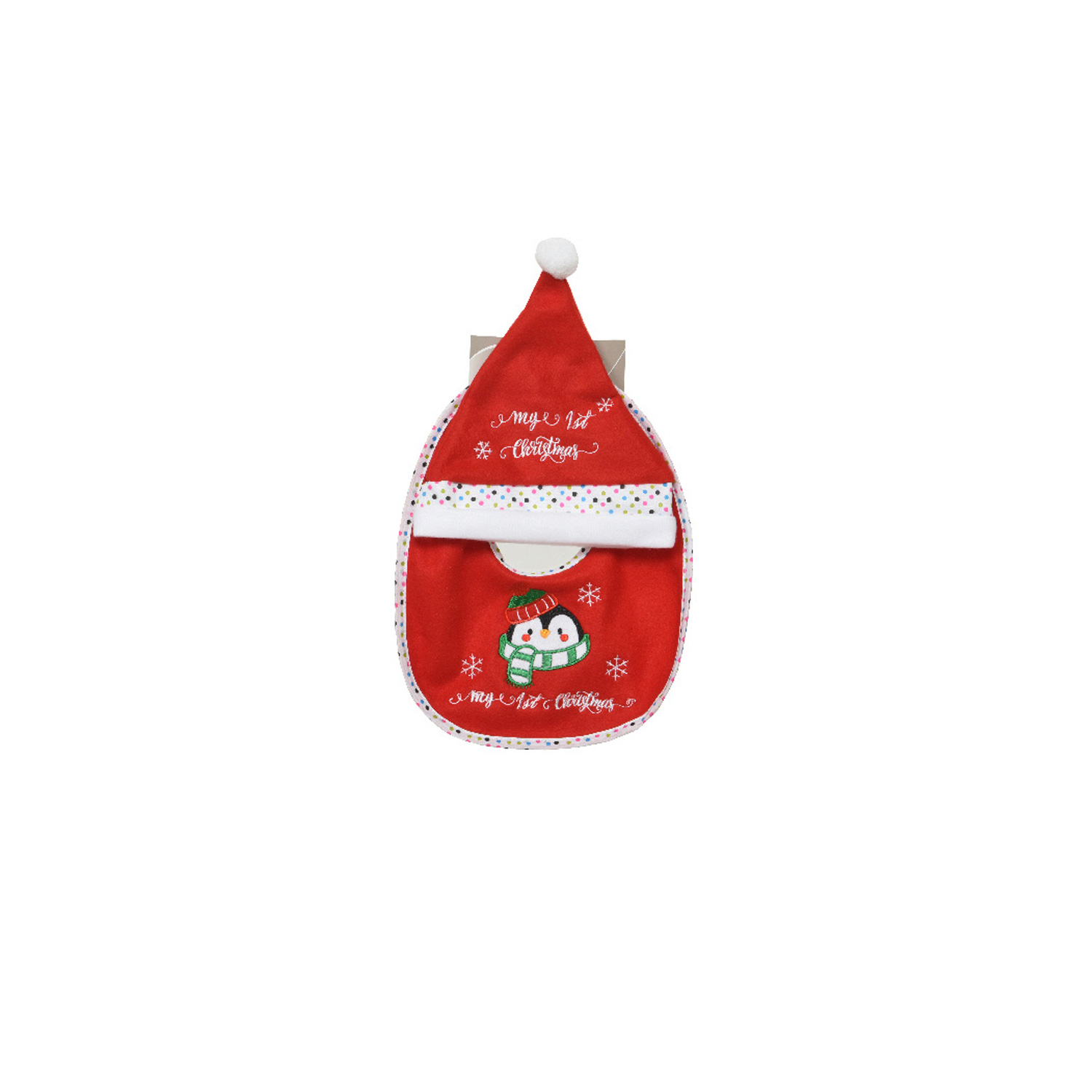 Baby Weihnachts-Geschenkset MY FIRST - Mütze und Lätzchen mit Pinguin - Polyester - rot, weiß