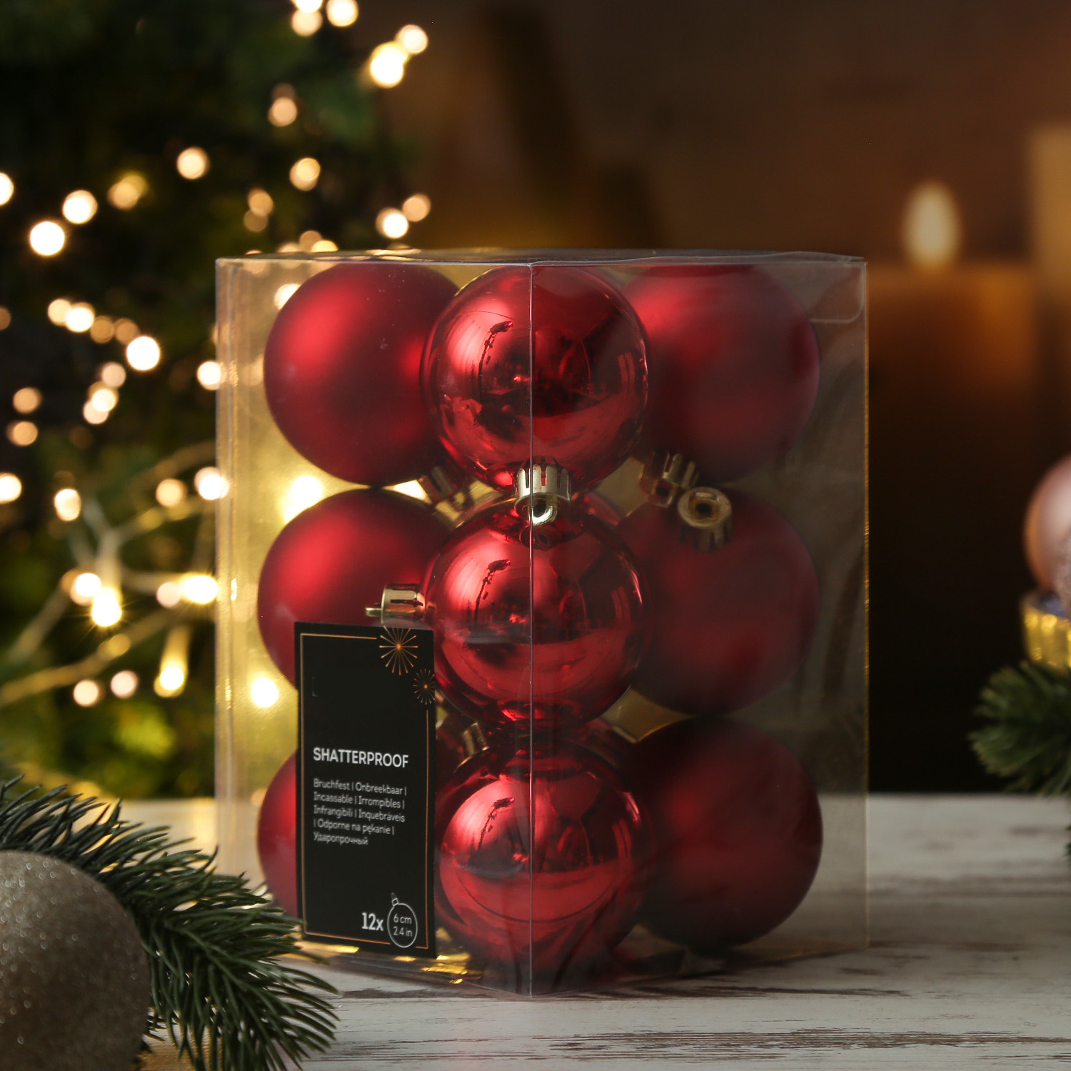 Christbaumkugeln - Weihnachtbaumskugeln - bruchfest - D: 6cm - glänzend/matt  - rot - 12er Set