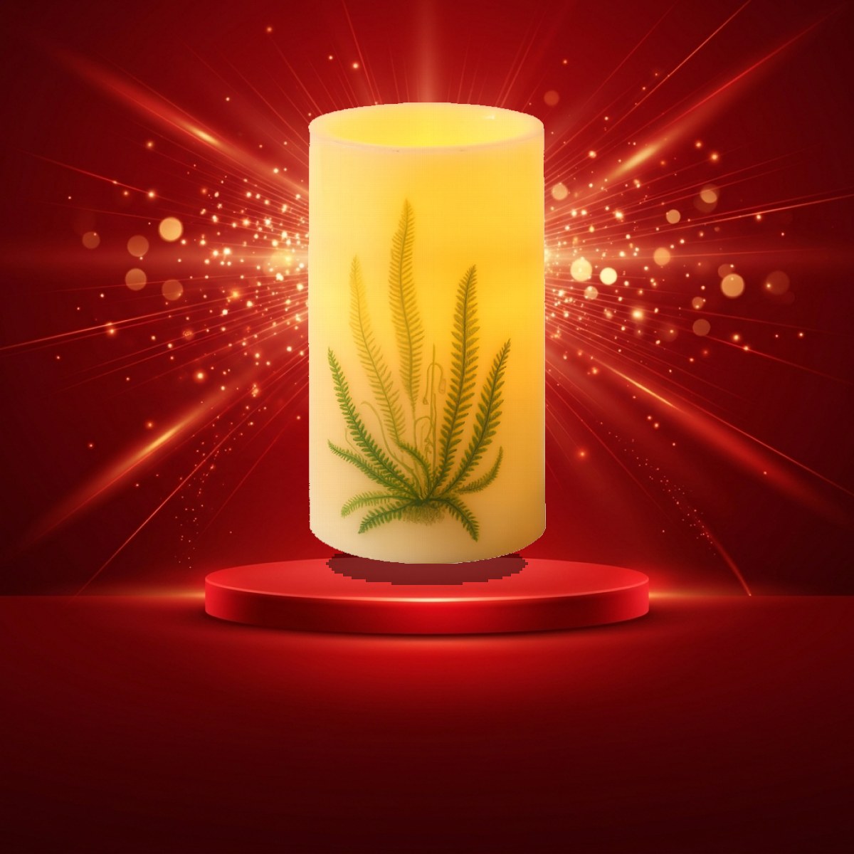 XXL LED Kerze mit Farndruck - Echtwachs - flackernde LED - H: 20cm - D: 12cm - weiß/grün