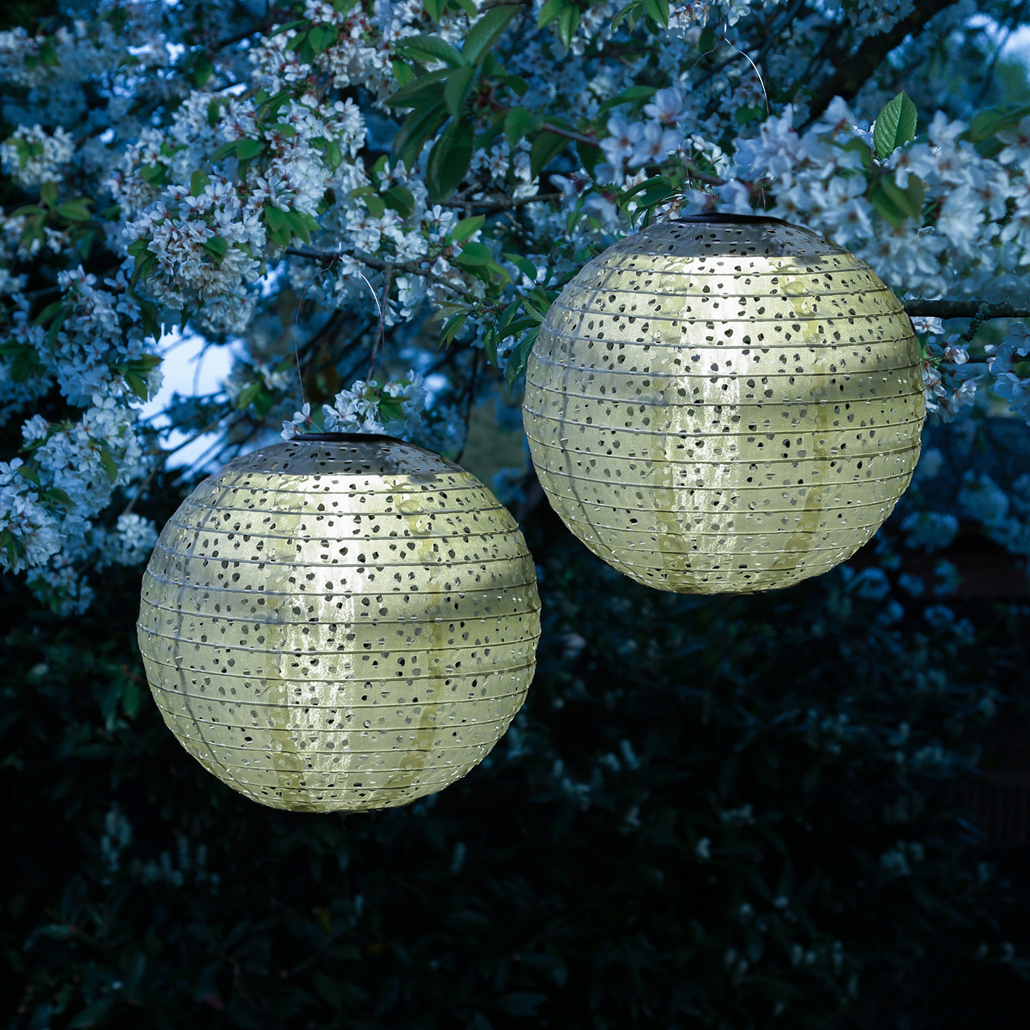 LED Solar Lampion - mit Blumenmuster - warmweiße LED - H: 25cm - D: 25cm - Lichtsensor - grün