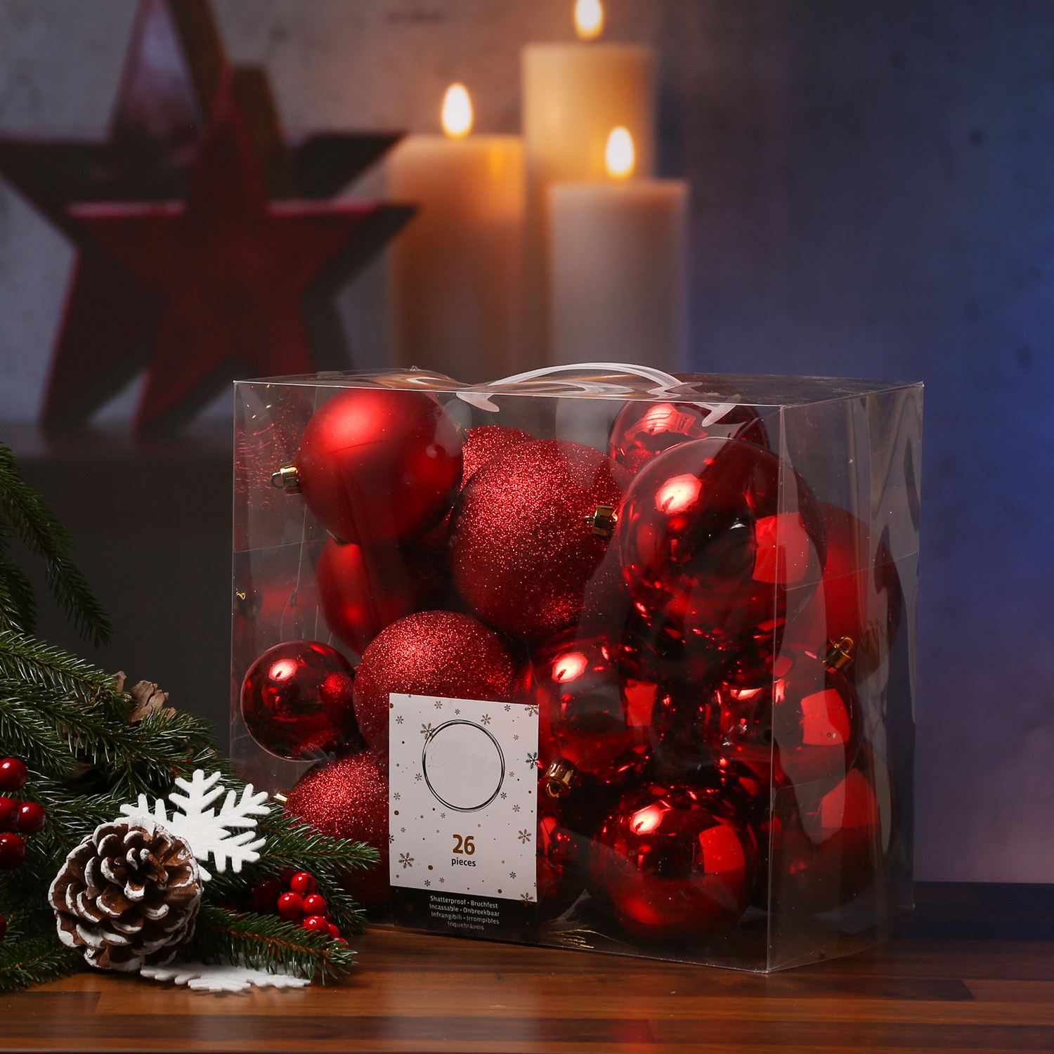 Christbaumkugel - Weihnachtsbaumkugel  - bruchfest - glänzend, matt und glitzernd - rot - 26er Set