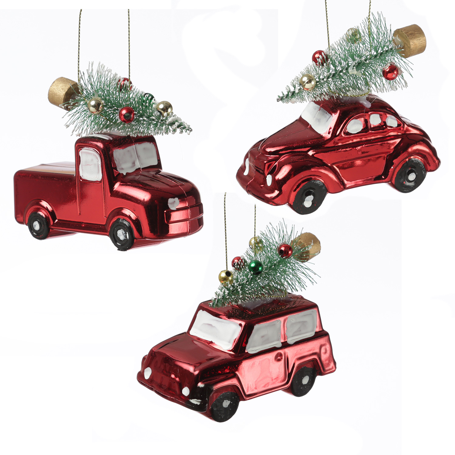 Weihnachtsbaumschmuck Mini Autos mit Weihnachtsbaum - bruchfest - H: 9cm - 3er Set - rot