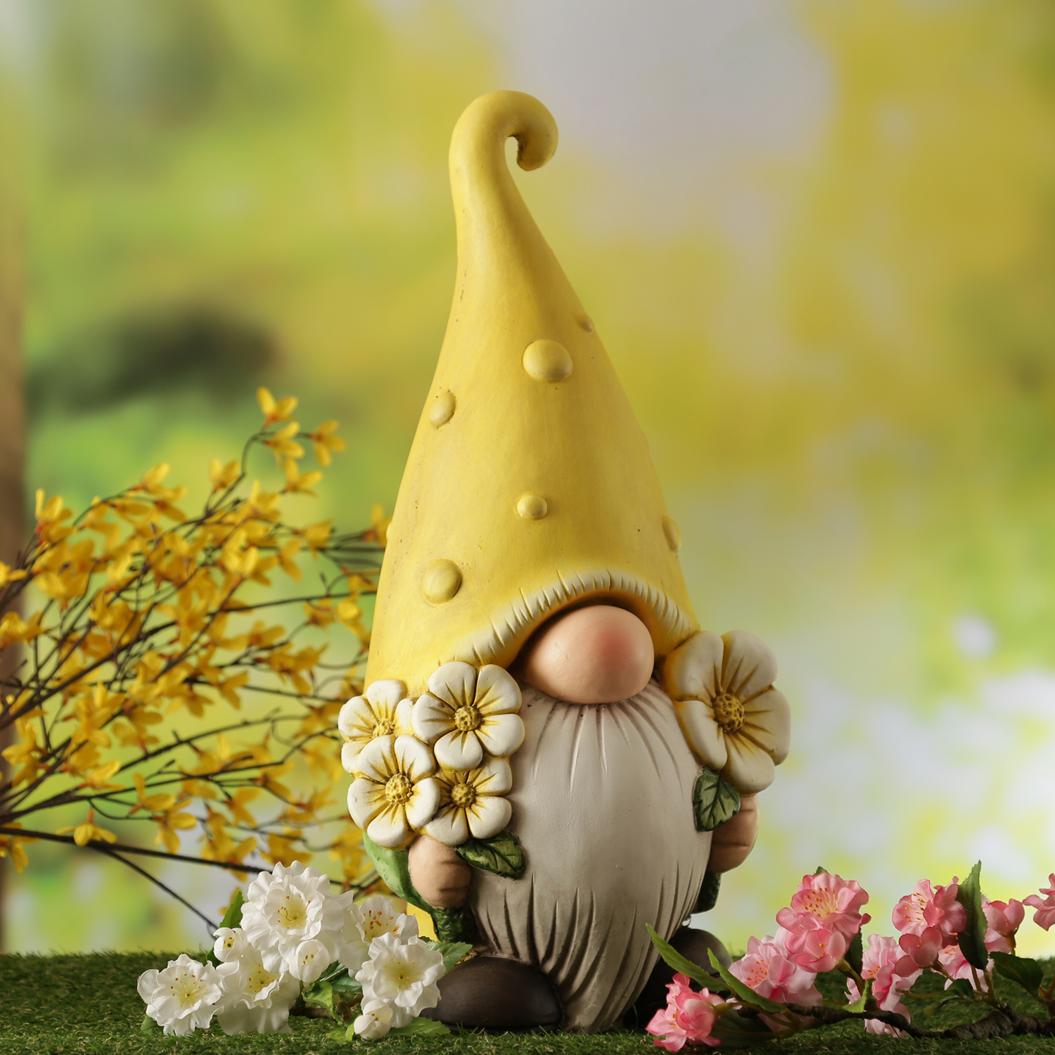 Gartenzwerg BERT - Zwerg mit gelber Zipfelmütze und Blumen - Gartenfigur - Polyresin - H: 45cm