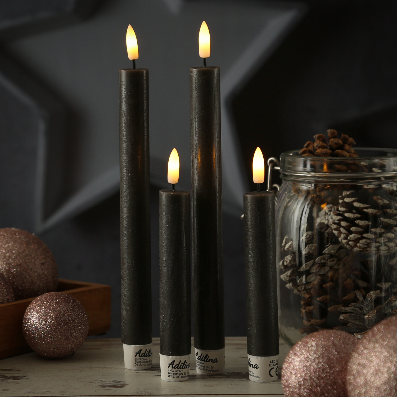 LED Stabkerzen LINA - Rustik-Optik - Echtwachs - 3D Flamme - H: 24cm - Timer - schwarz - 2er Set