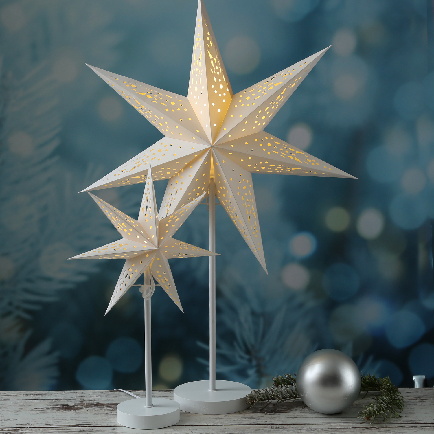 LED Papierstern - 7-zackig - stehend - H: 42cm - 6 warmweiße LED - inkl. Trafo - für Innen - weiß