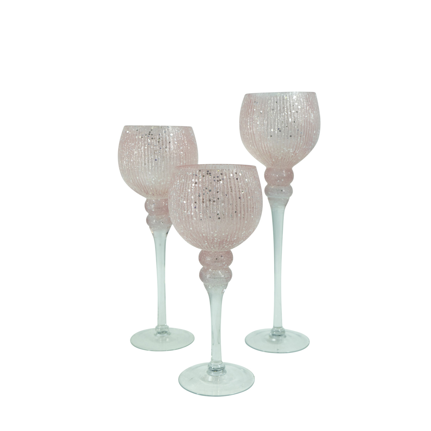 Kerzenhalter Kelch FLORENZ - Glas - H: 30cm, 34,5cm, 40cm - rosa, silber - 3er Set
