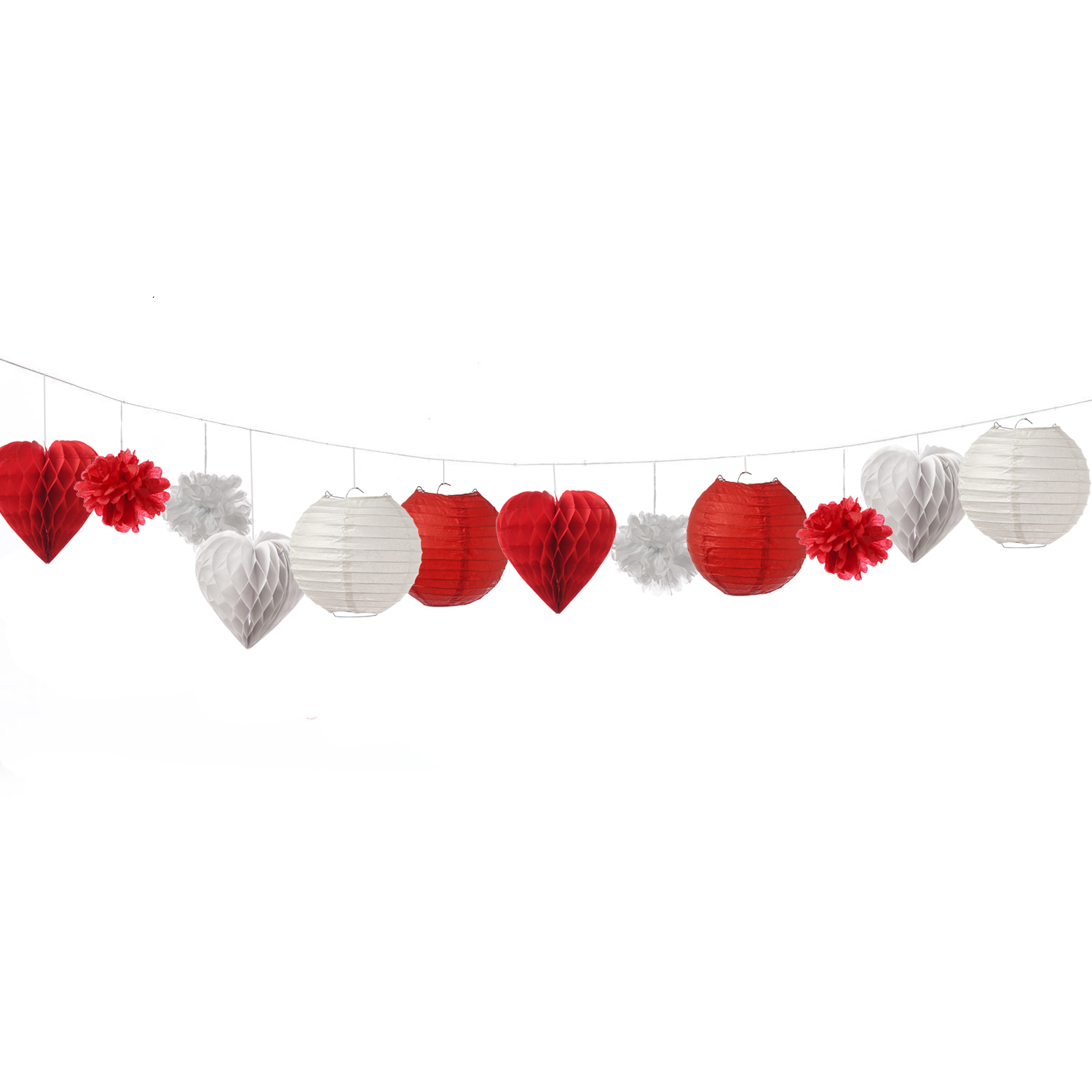 4x Partyset Papierdekoration 12 Teilig - rot/weiß Lampion, Pompon, Herzen