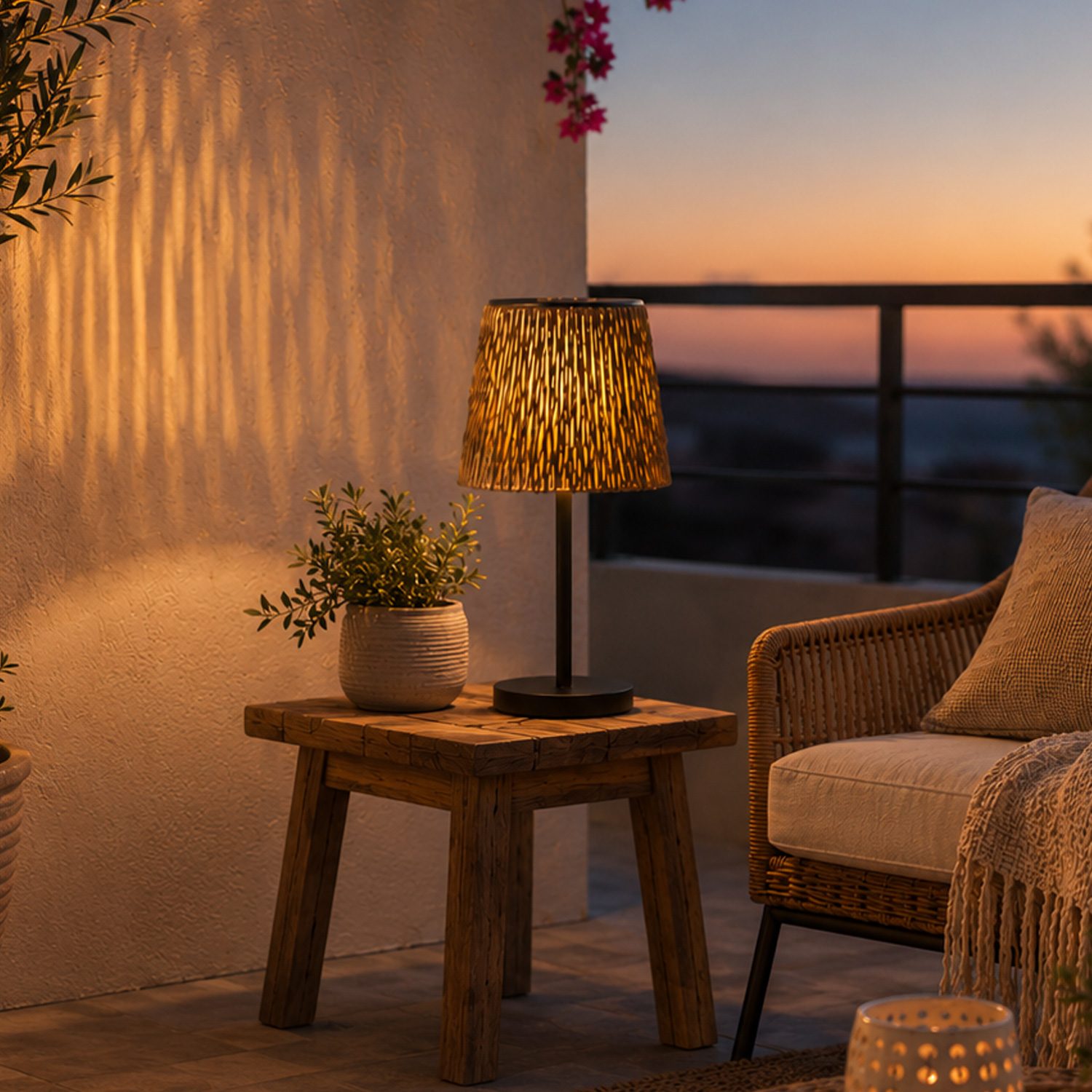 LED Solar Tischleuchte in Rattan-Optik - warmweiße LED - H: 48cm - Lichtsensor