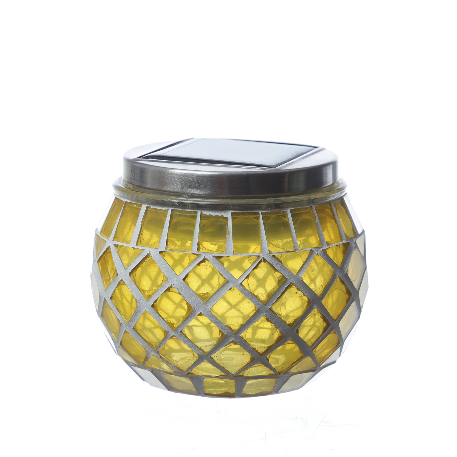 LED Solar Windlicht - Mosaik Solarglas - kaltweiße LED - Lichtsensor - H: 9cm - für Außen - gelb