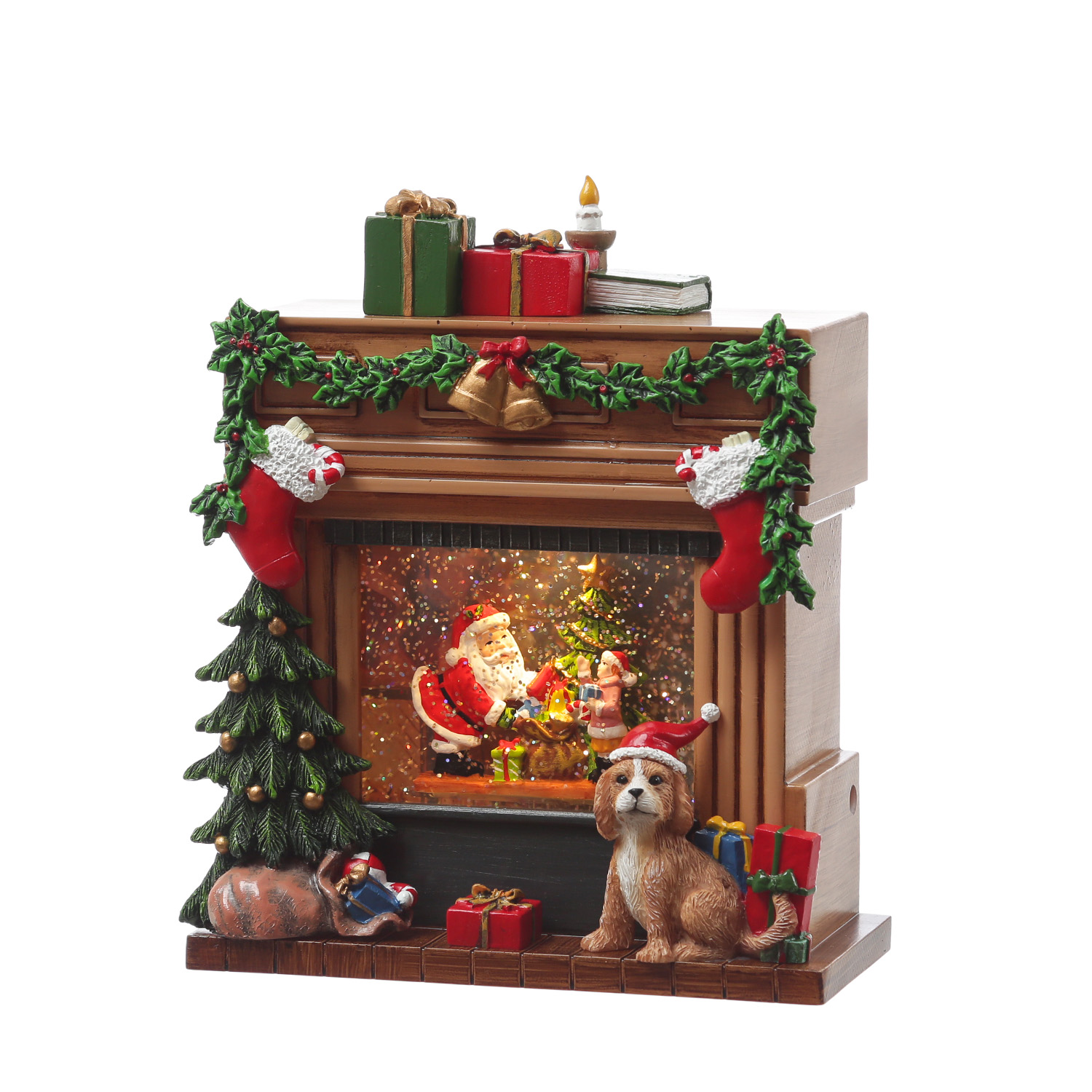 LED Wasserlaterne Kamin mit Weihnachtsmann - glitzernde Flocken - Musik - H: 23cm - Batteriebetrieb