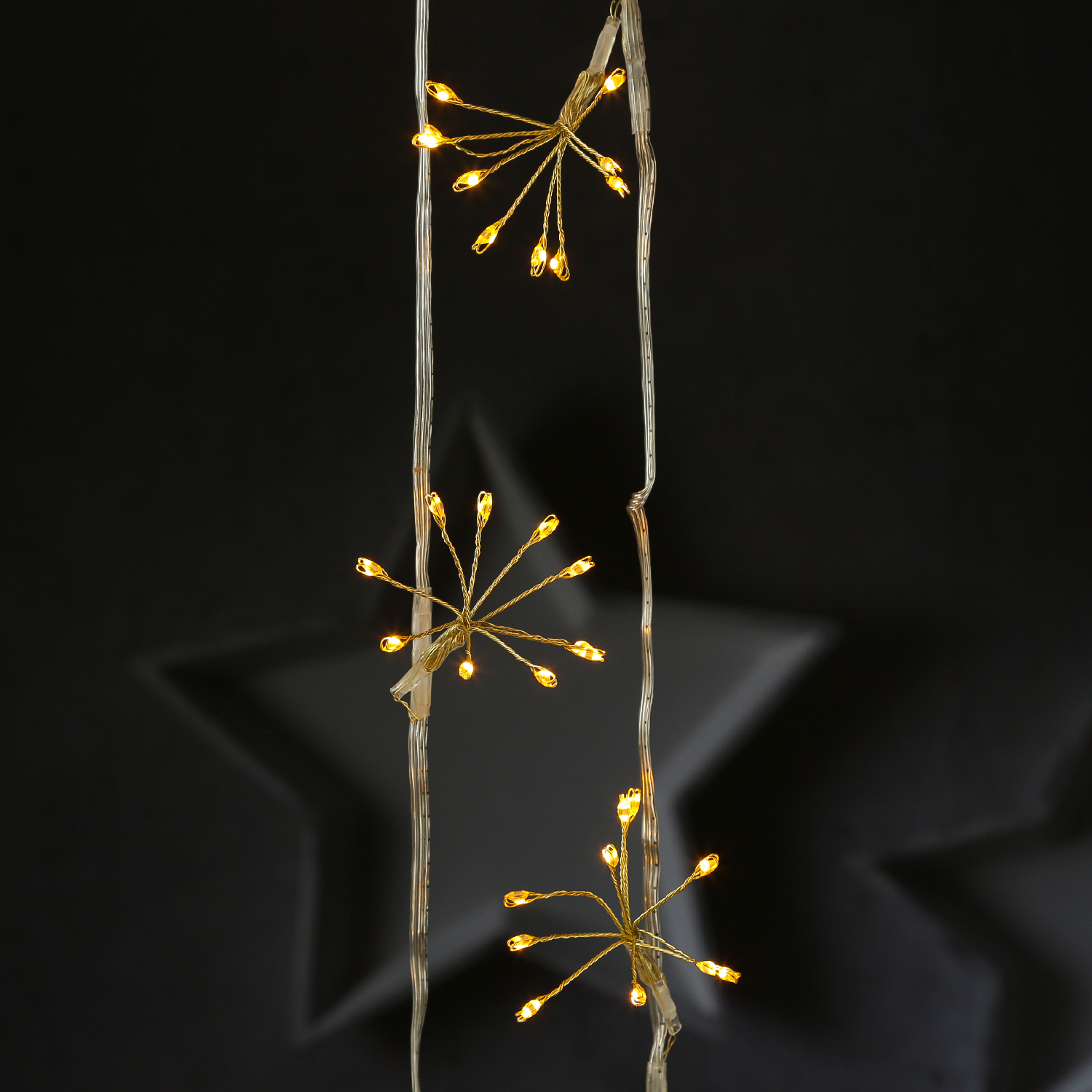 LED Lichterkette Pusteblume - Feuerwerk Blume - 50 Tautropfen LED - 5 Blüten - L: 1m - Timer - gold
