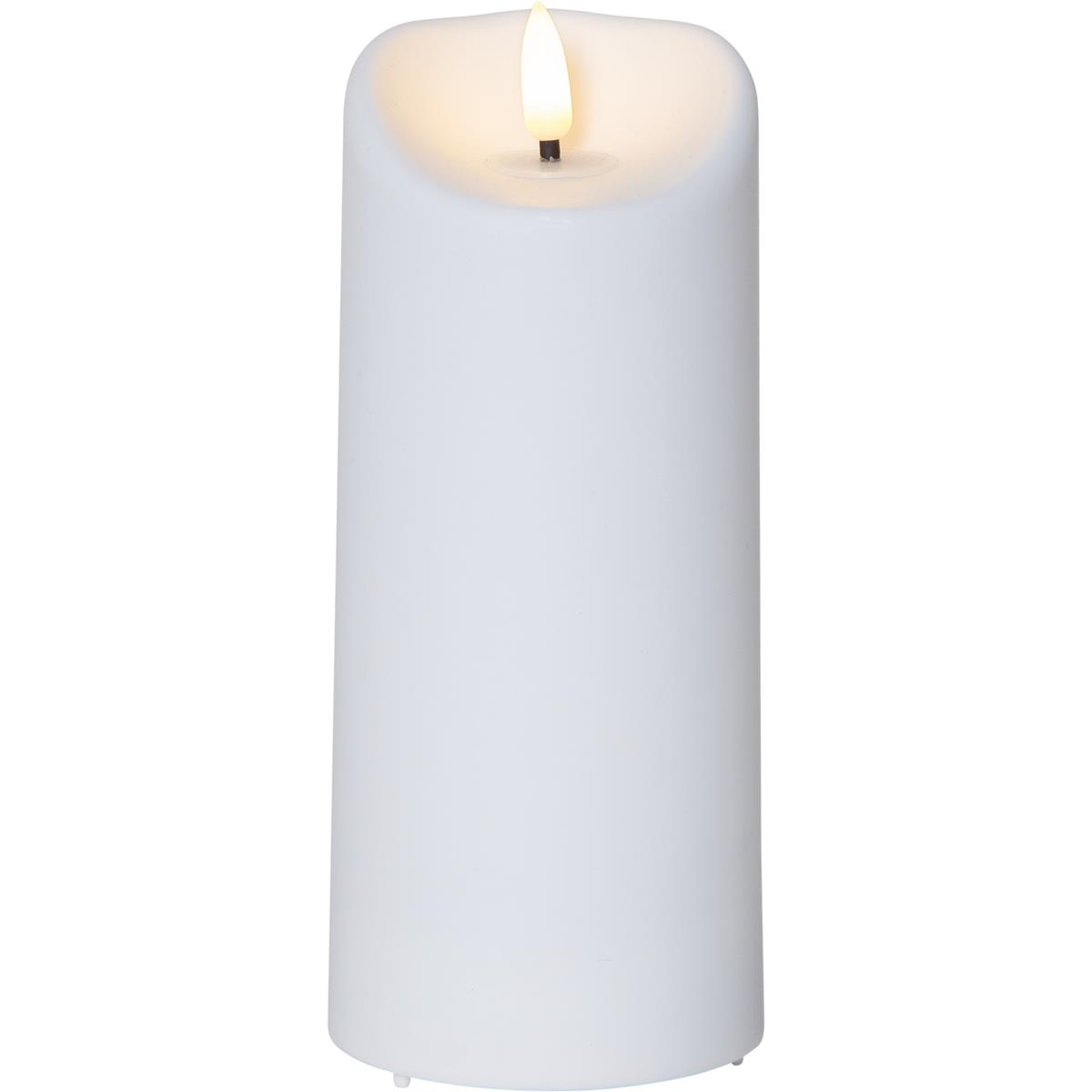 LED Stumpenkerze "Flamme" - Kunststoff - warmweiße 3D Flamme - H: 18cm - Timer - outdoor - weiß LED Stumpenkerze "Flamme" - Kunststoff - warmweiße 3D Flamme - H: 18cm - Timer - outdoor - weiß