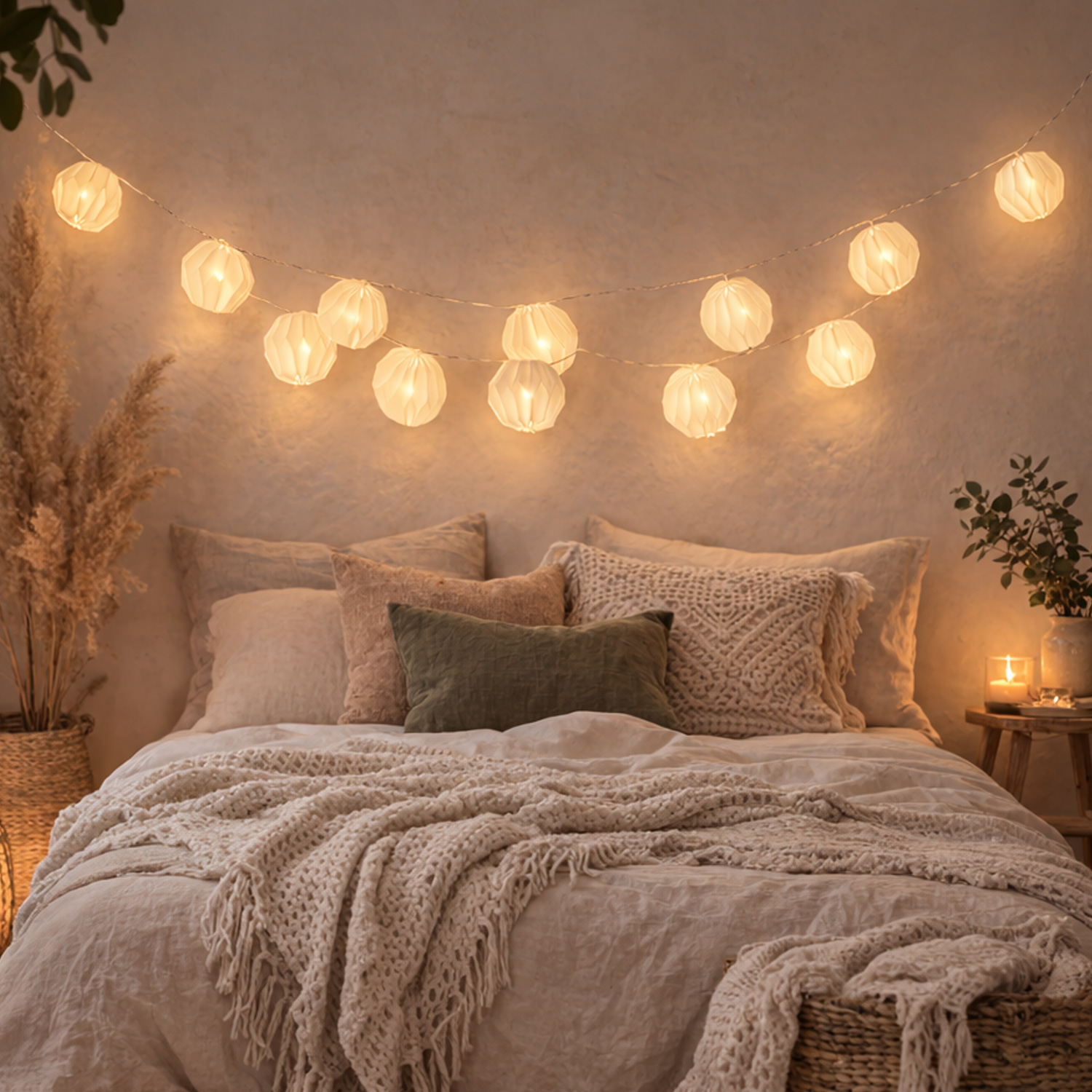 LED Lichterkette Origami Lampions - 10 weisse XL Papierblumen - Timer - L- 3-6m - Batteriebetrieb
