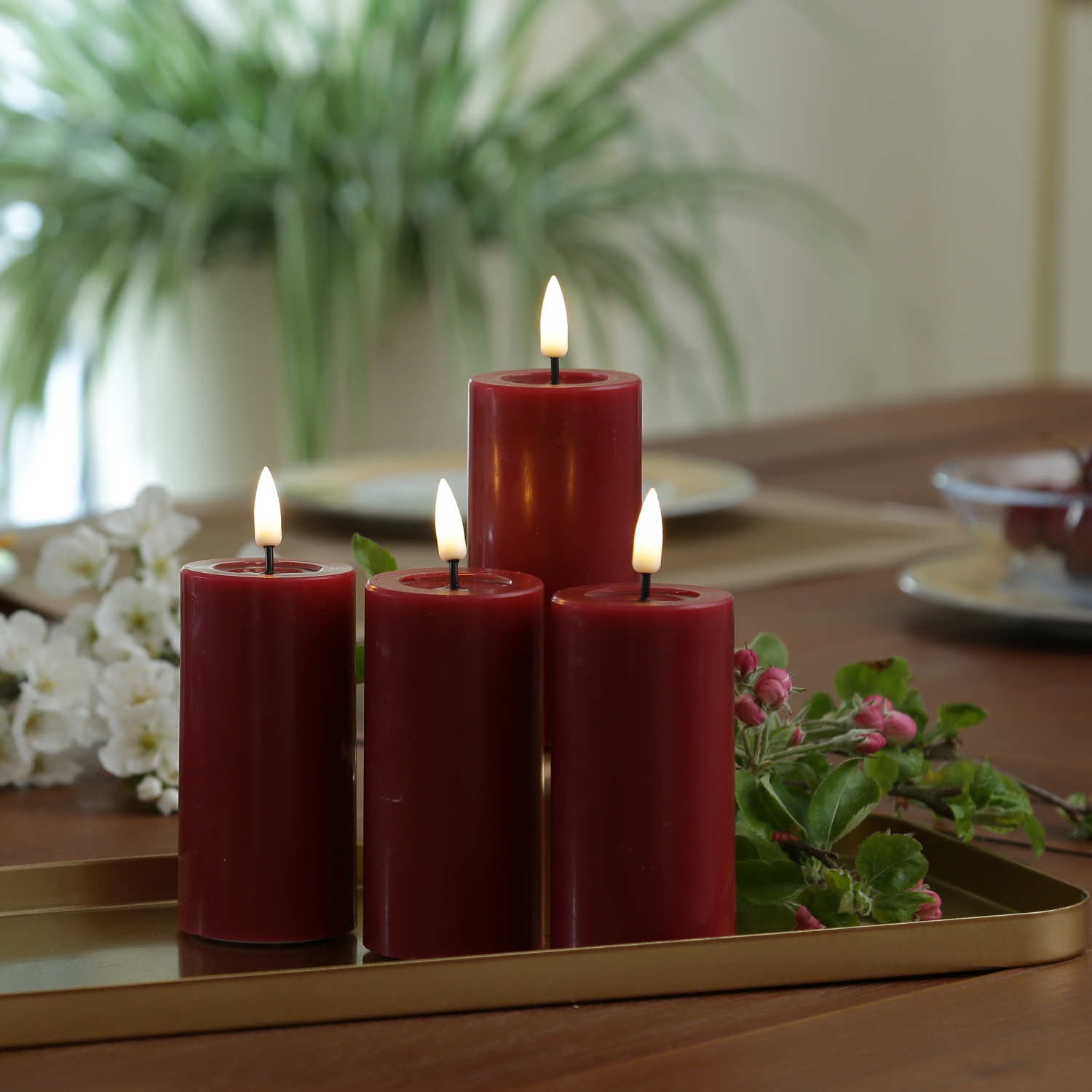 LED Kerzenset MIA - Echtwachs - H: 10cm/D: 5cm - mit Batterien/Fernbedienung - bordeauxrot - 4er Set