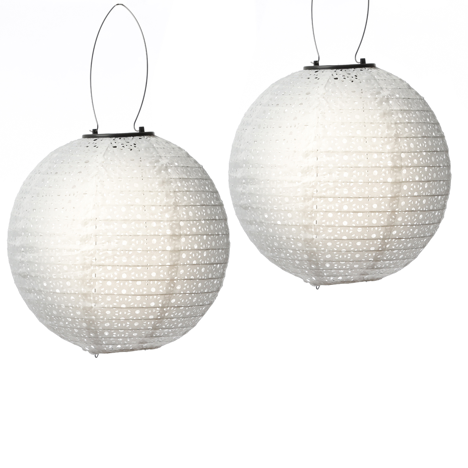 LED Solar Lampion - mit Blumenmuster - warmweiß - H: 25cm - D: 25cm - Lichtsensor - weiß - 2er Set