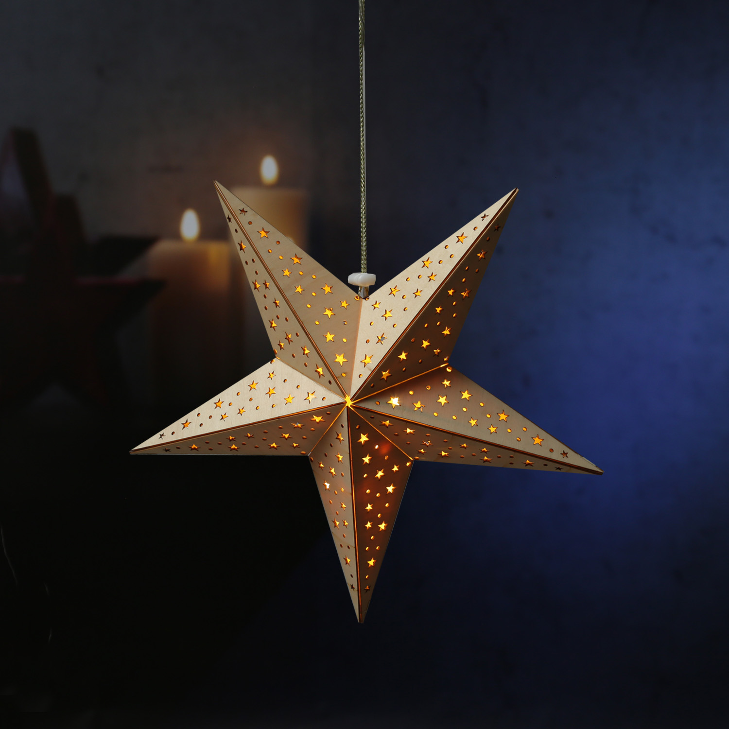 LED Holzstern - mit Sternenmuster - hängend - 5-zackig - 10 warmweiße LED - D: 40cm - Timer