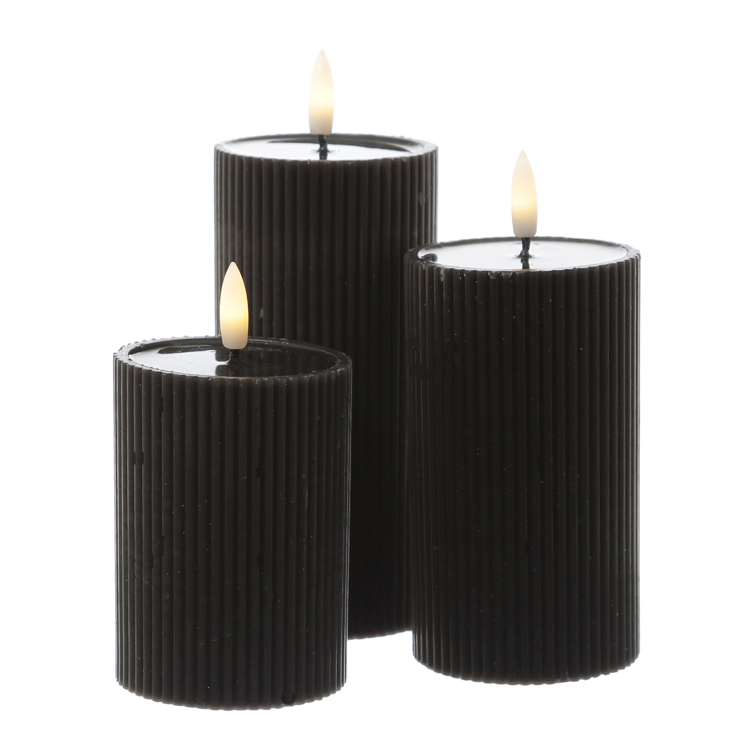 LED Kerze LIV - gerillt - Echtwachs - warmweisse 3D Flamme - H- 13cm - D- 7cm - Timer - schwarz