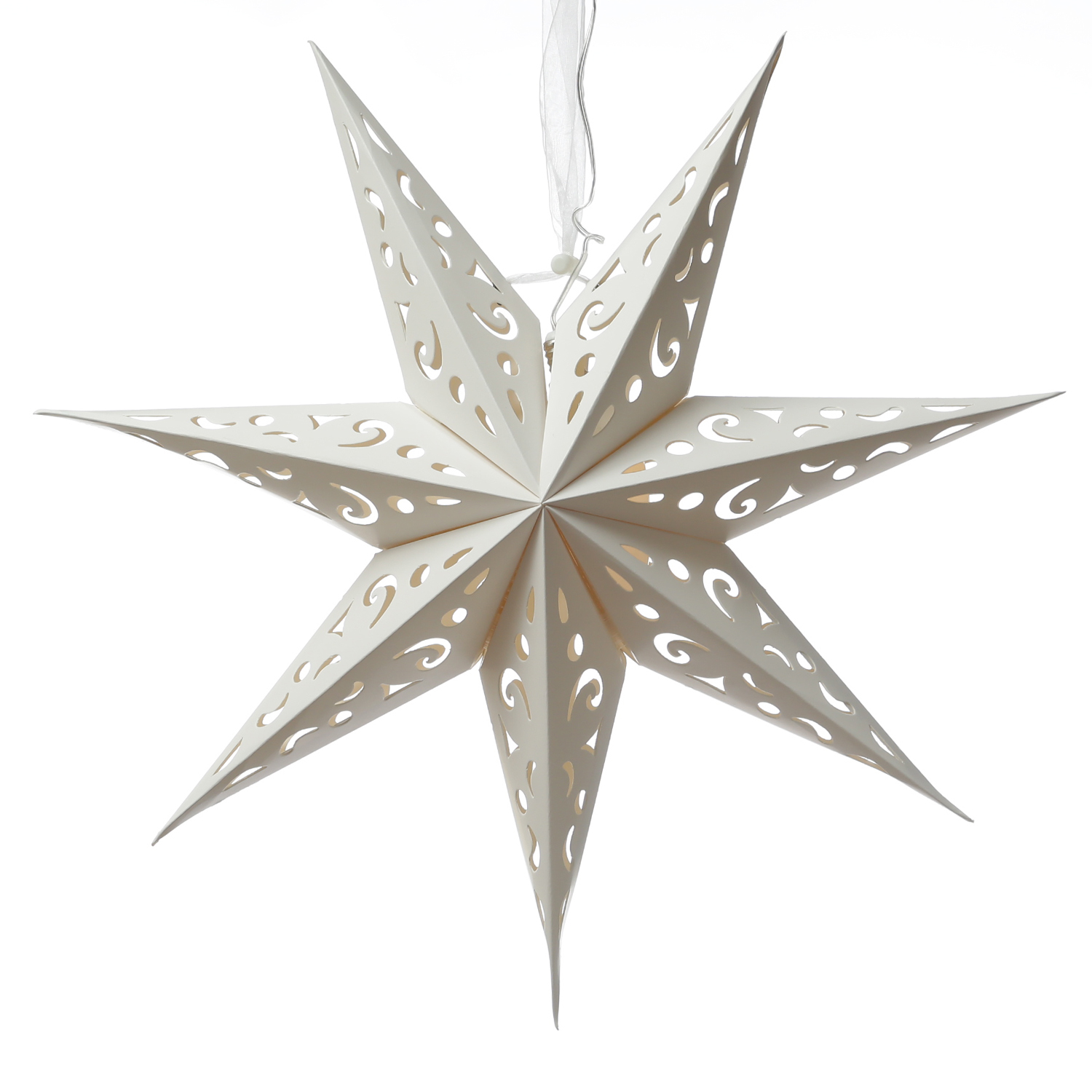 LED Papierstern - hängend - 7-zackig - 20 warmweiße LED - D: 58cm - Batterie - Timer - weiß