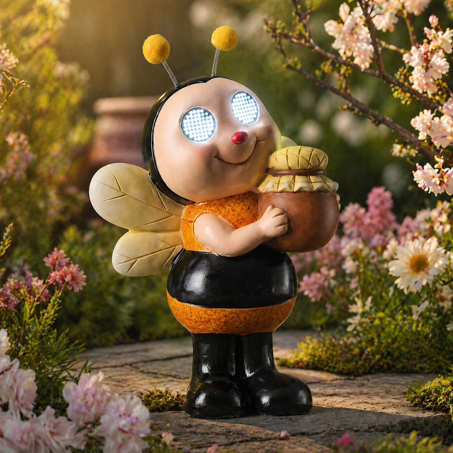 LED Solar Biene mit blizelnden und rollenden Augen - Gartenfigur - H: 35,5cm - Lichtsensor