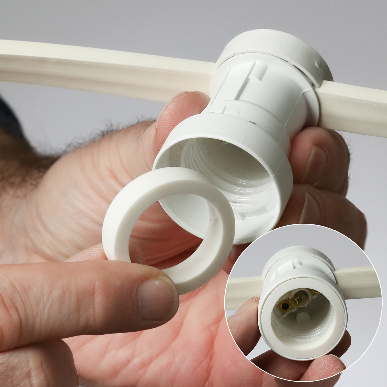 Illu-/Partylichterkette 50m - Außenlichterkette weiß - Made in Germany- 50 dimmbare Halogenlampen