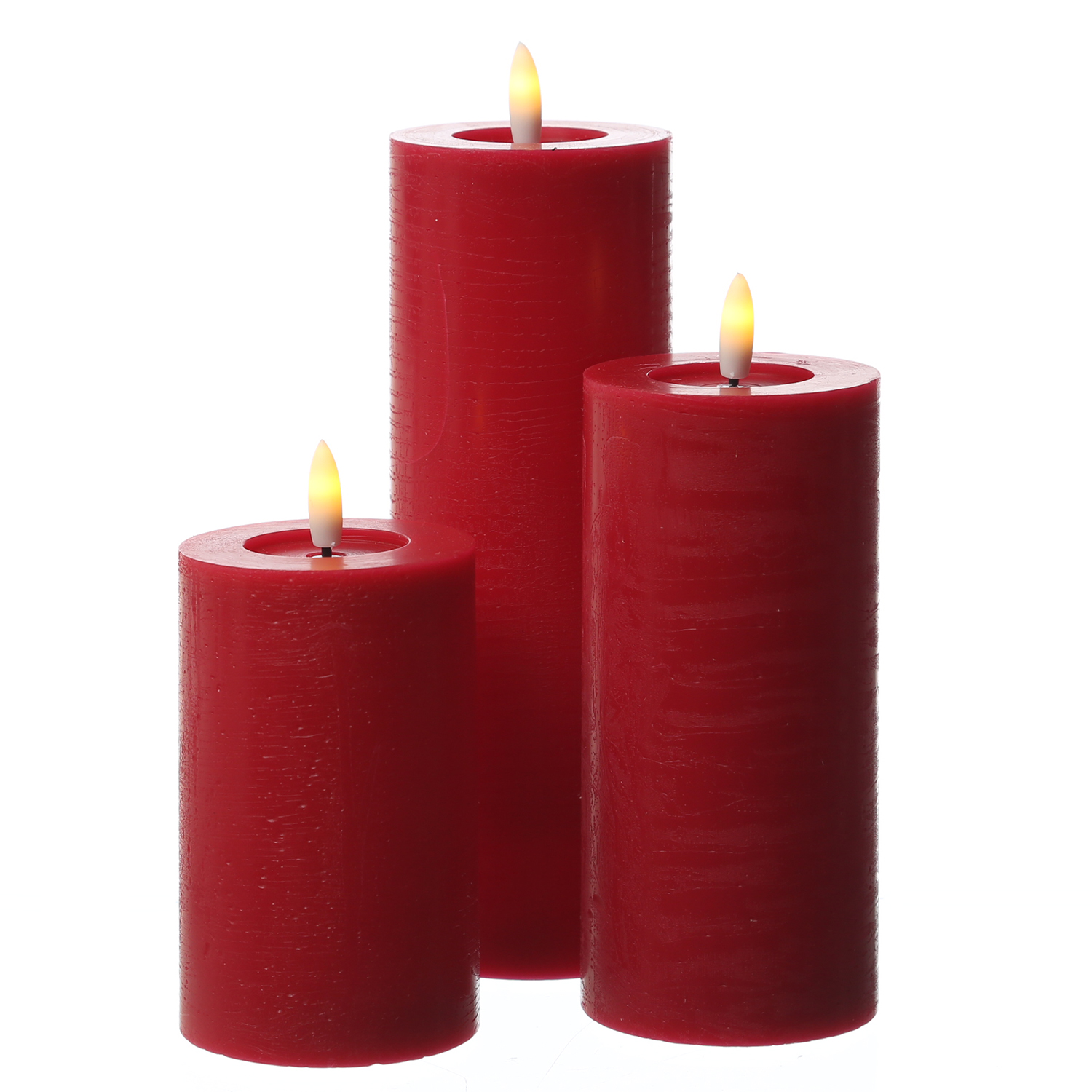 LED Kerzenset LINA - Rustik-Optik - Echtwachs - 3 Größen - D: 7cm - Timer - rot - 3er Set