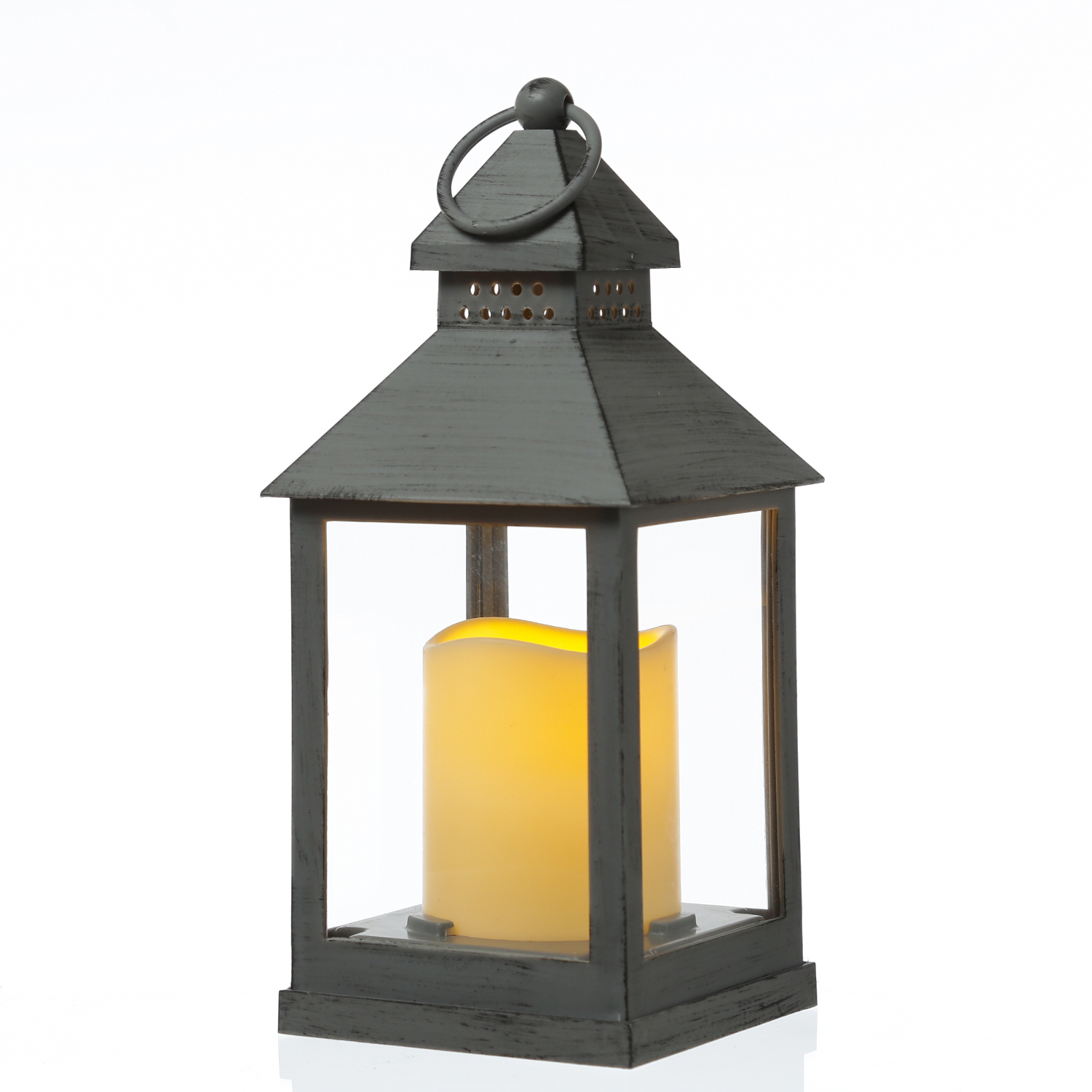 LED Laterne mit Kerze - warmweiß flackernde LED - H: 23cm - Batteriebetrieb - grau