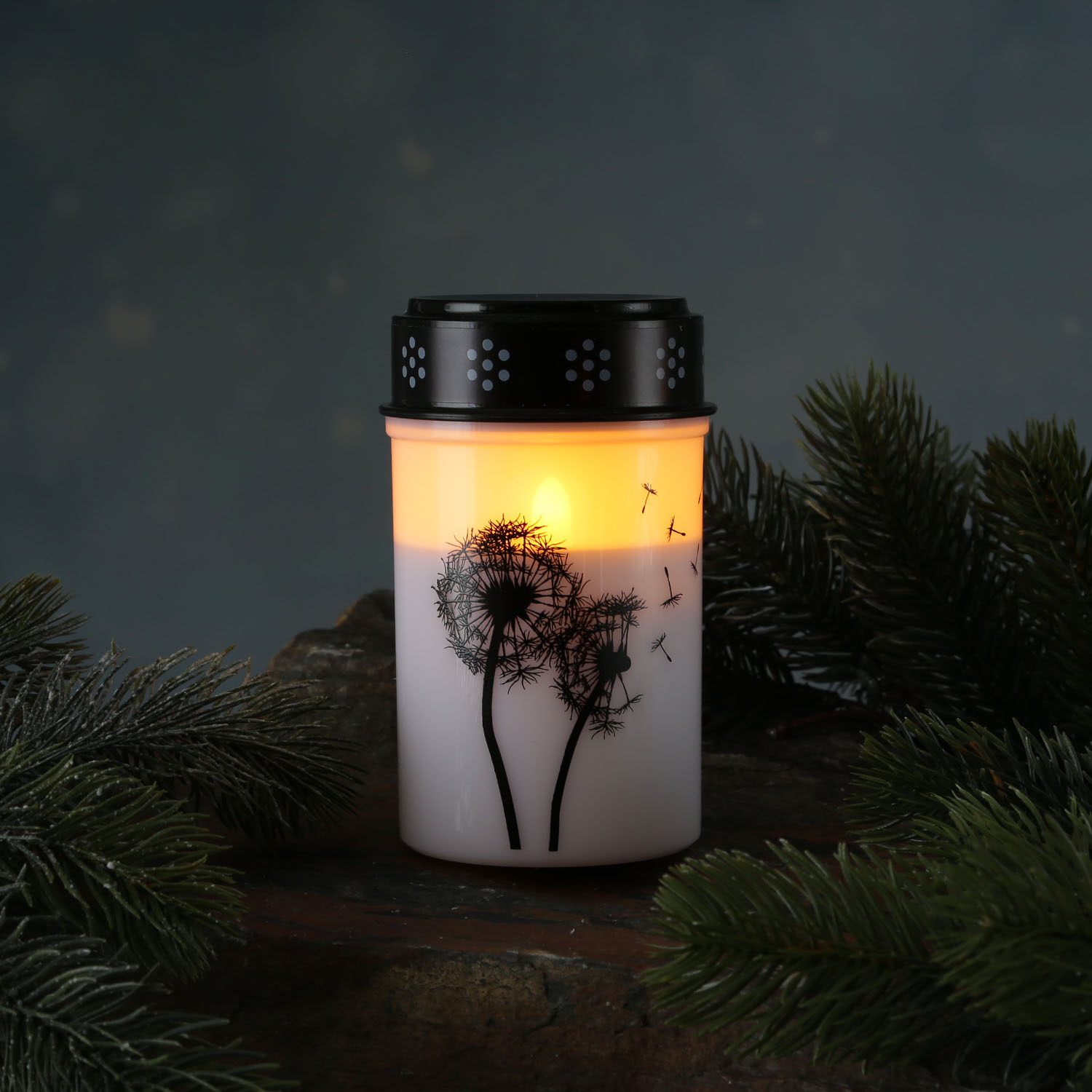 LED Grablicht/Grabkerze Pusteblume - bis 2500 Stunden - H: 12cm, D: 7cm - Timer - weiß/schwarz