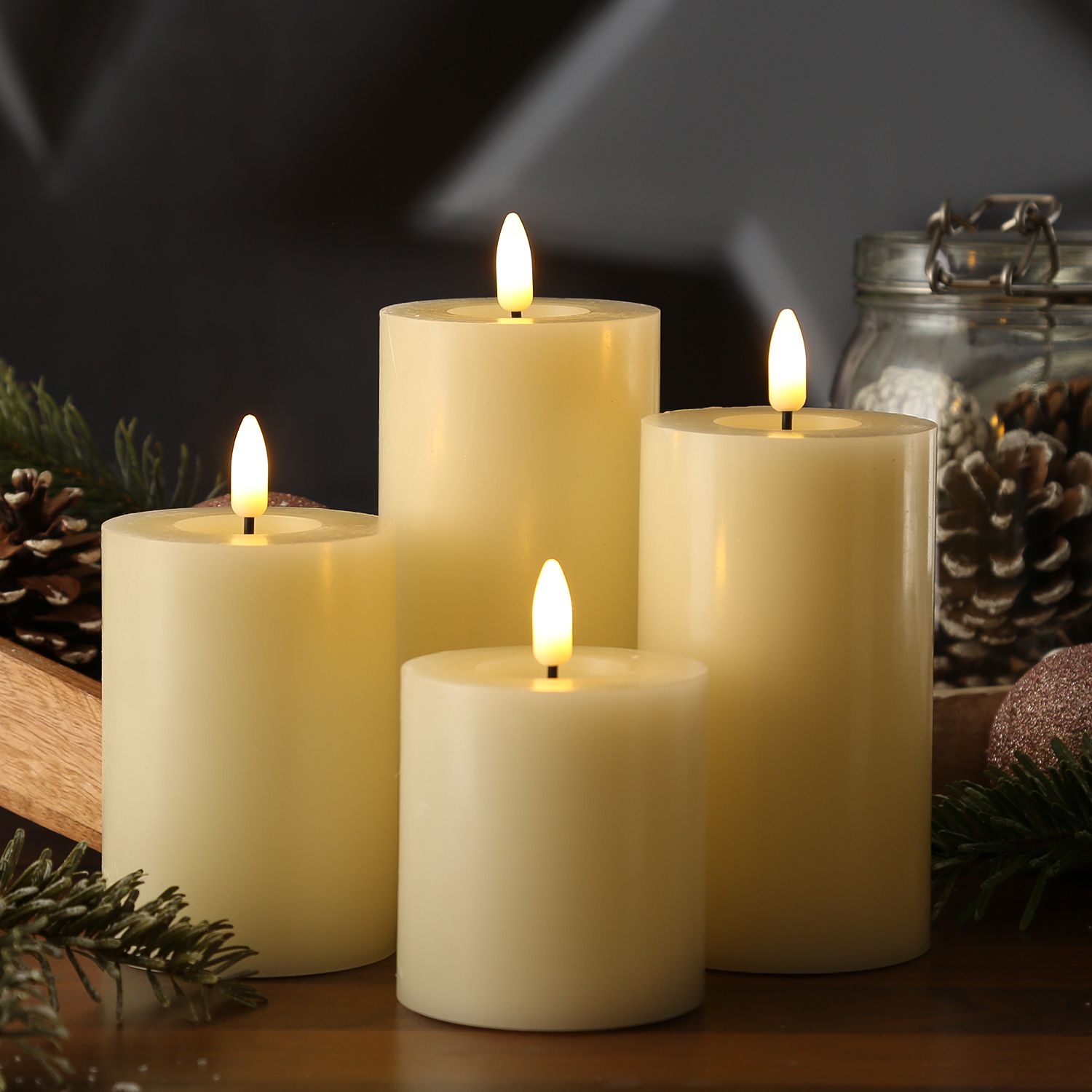 LED Kerzenset LINA - Rustik-Optik - Echtwachs - 4 Größen - D: 7cm - Timer - creme - 4er Set