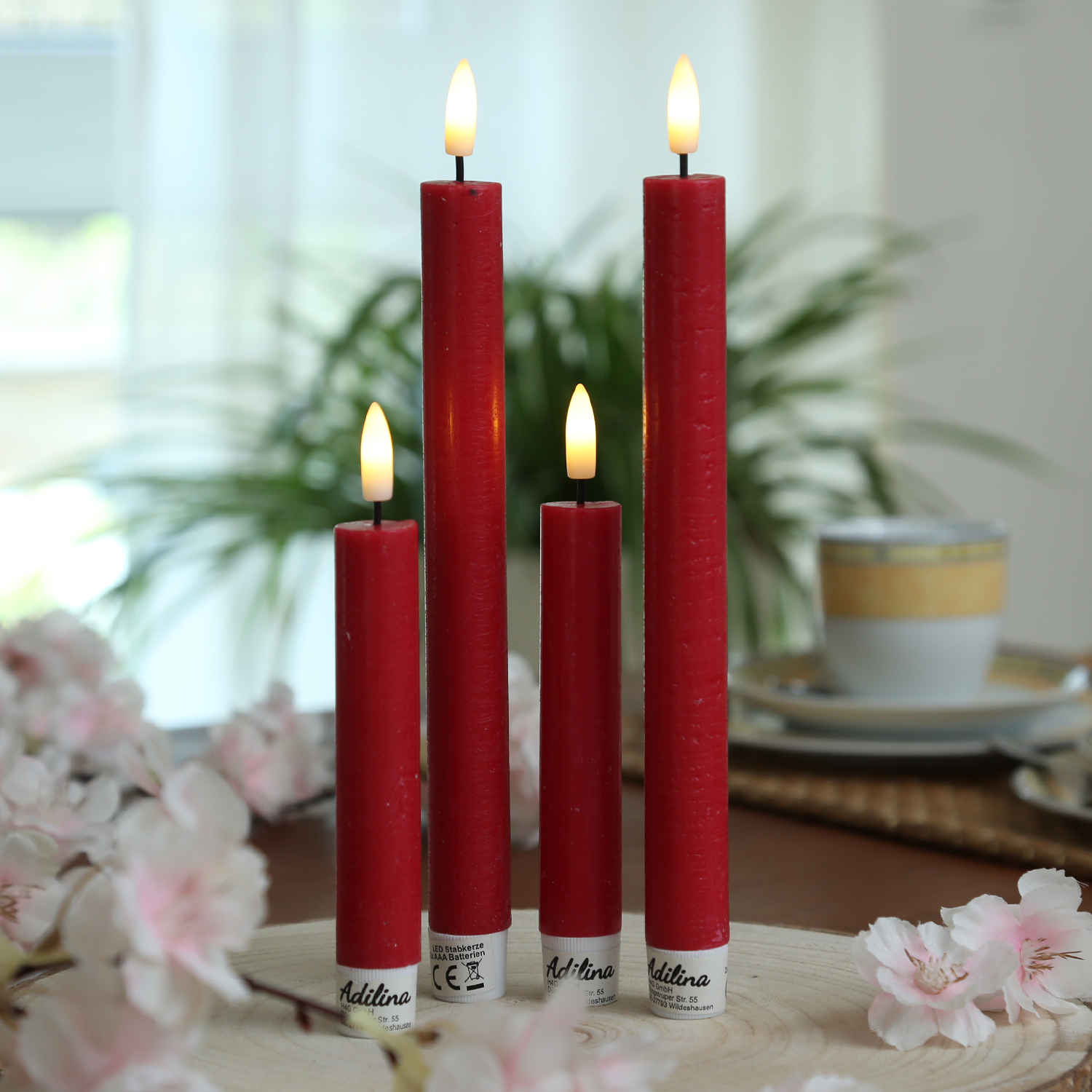 LED Stabkerzen LINA - Rustik-Optik - Echtwachs - 3D Flamme - H: 16cm - Timer - rot - 2er Set