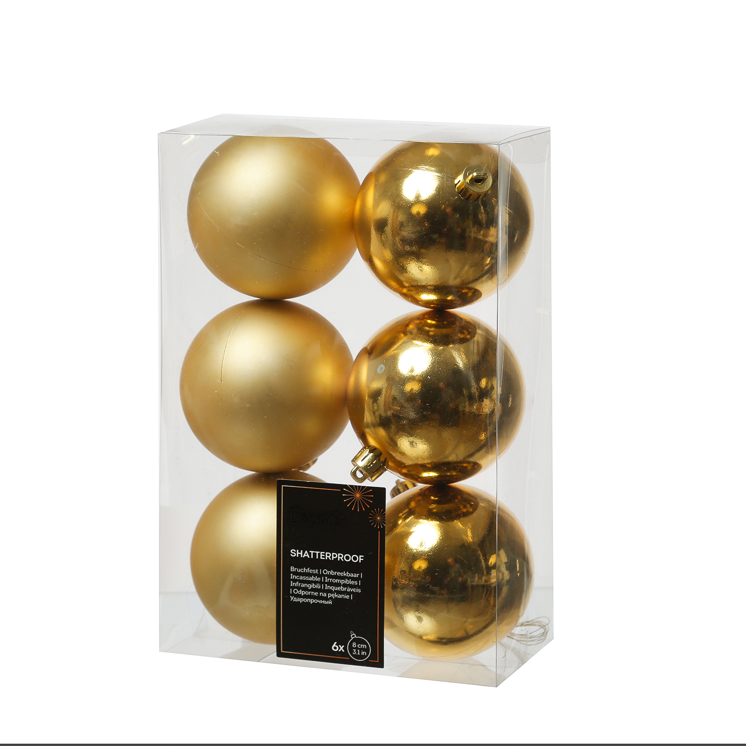 Christbaumkugeln - Weihnachtbaumskugeln - bruchfest - D: 8cm - glänzend/matt  - gold - 6er Set