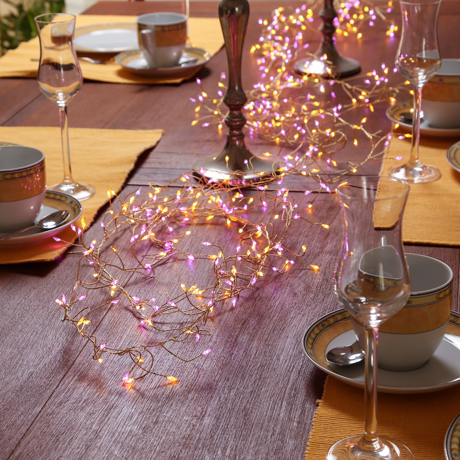 LED Draht Büschellichterkette Compact - 480 pink-/bernstein LED - L:6m - 8 Funktionen - Trafo - gold