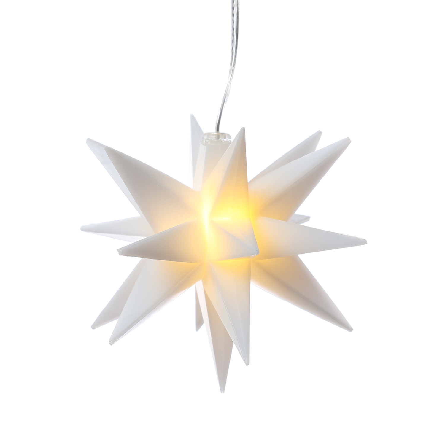 LED 3D Stern - hängend - D: 12cm - 1 warmweiße LED - Timer - Batterie - Außen - weiß