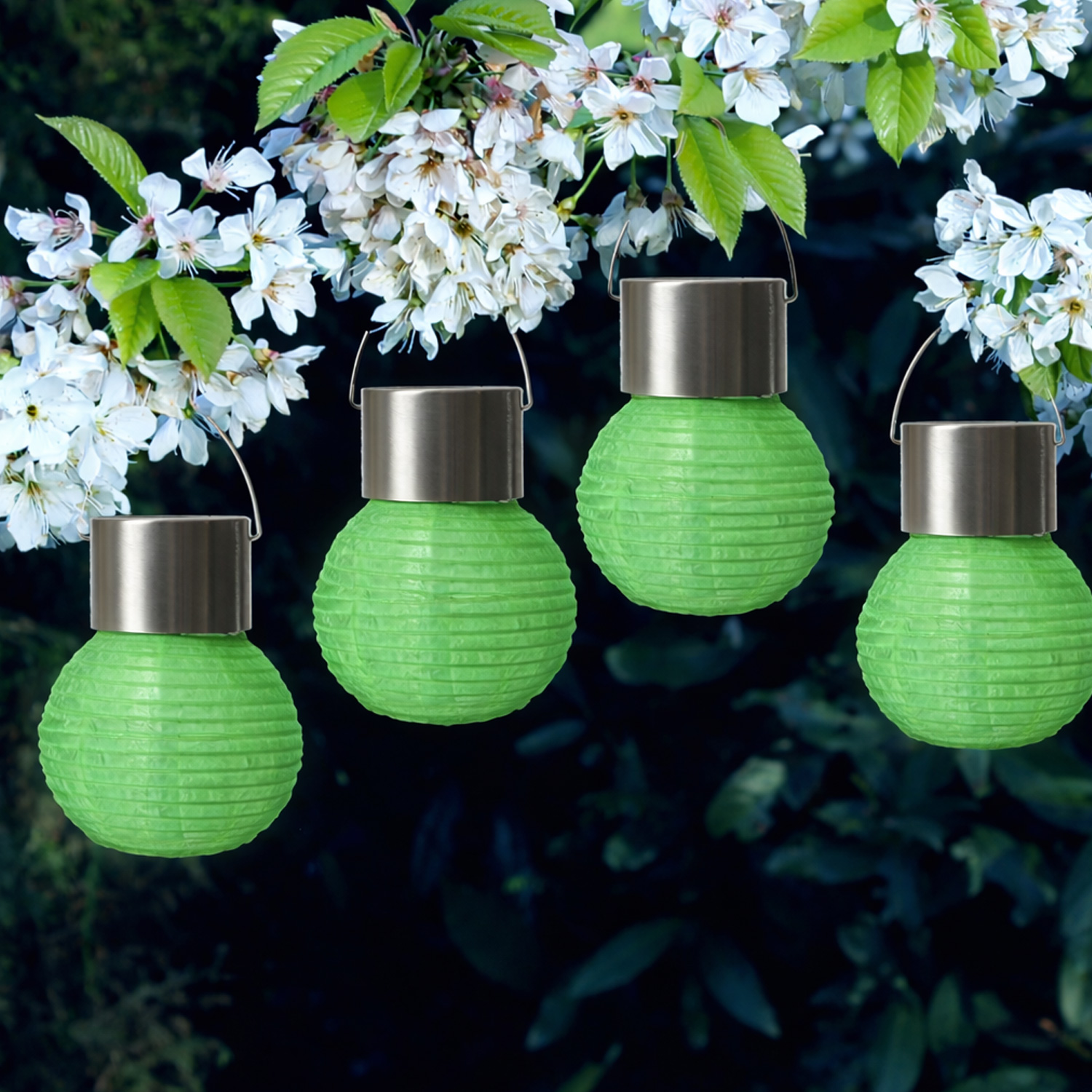 LED Solar Mini Lampions - kaltweiße LED - H: 9,5cm - D: 7cm - Lichtsensor - grün - 4er Set