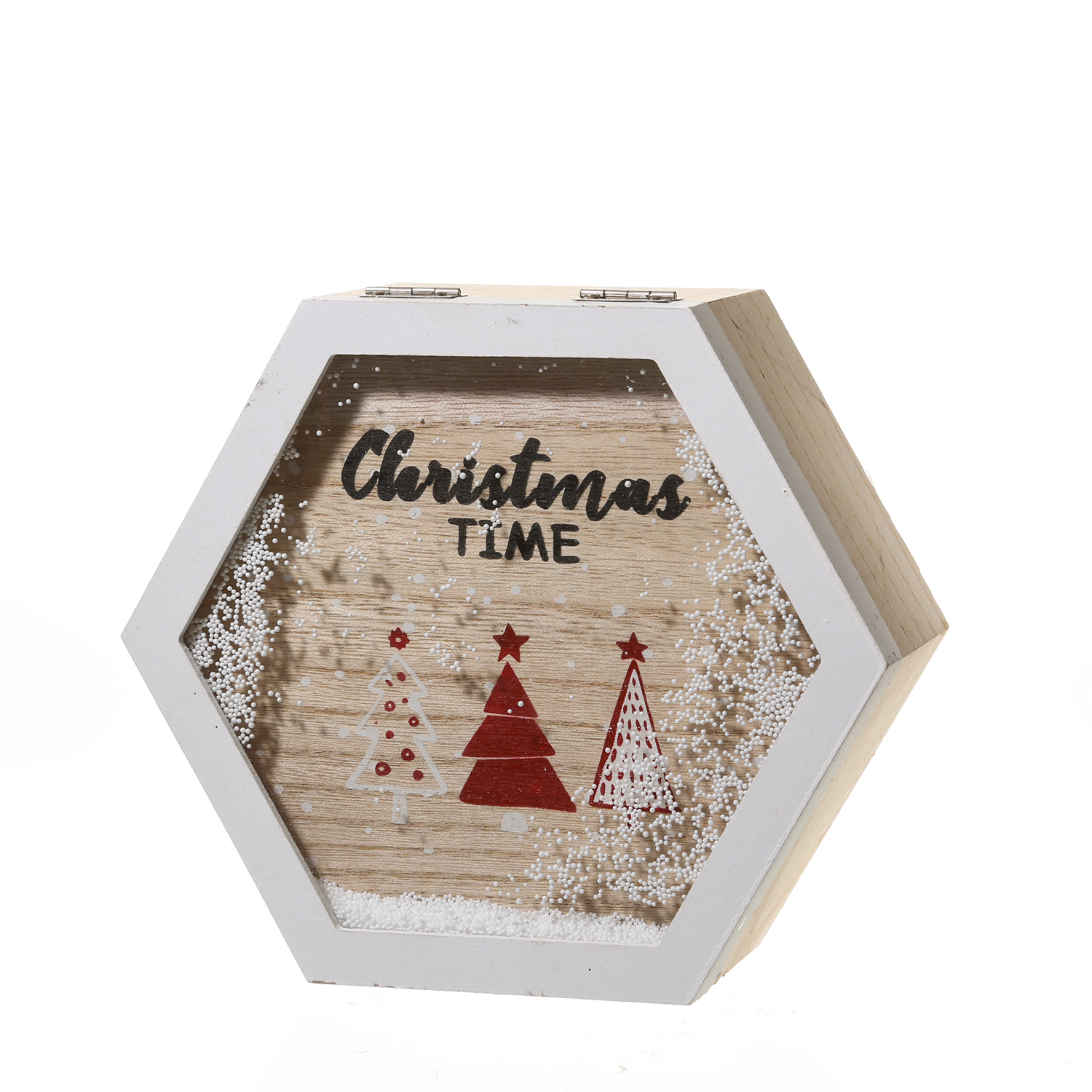 Holzbox CHRISTMAS TIME - Schneefenster mit Weihnachtsbäumen - L: 20cm - weiß