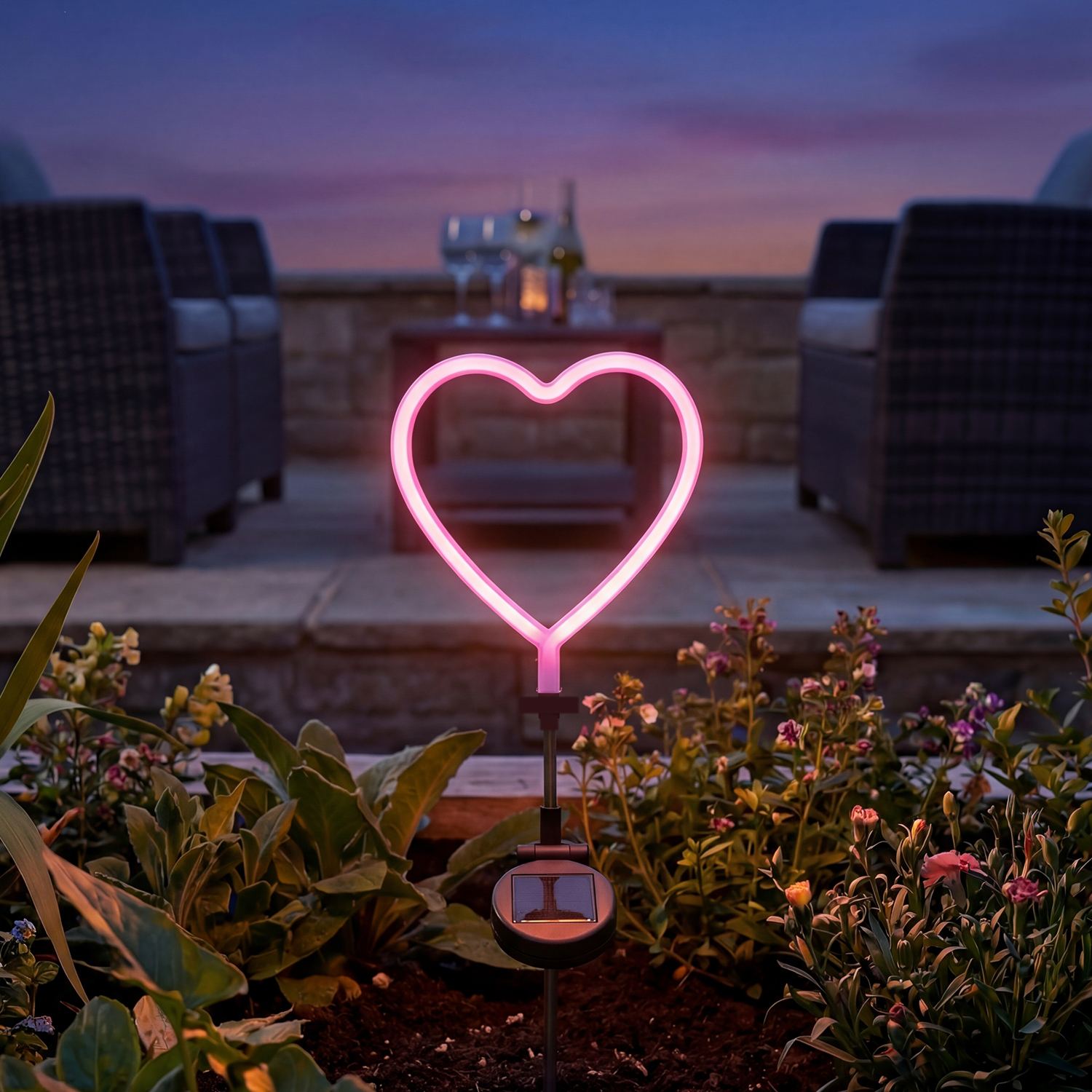 LED Solar Gartenstecker Herz - Solarleuchte pinkes Neonherz - H: 72cm - Lichtsensor