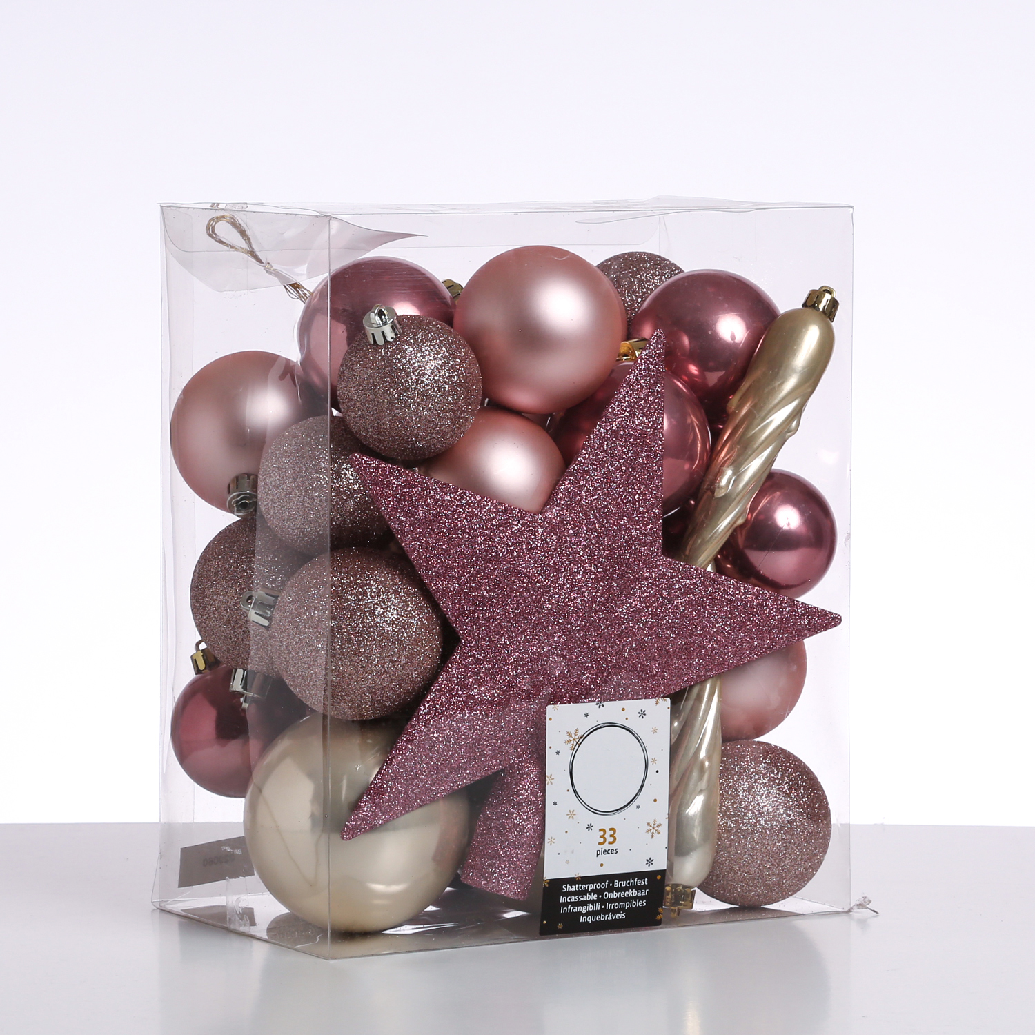 Christbaumkugel - Weihnachtskugel - bruchfest - glänzend matt glitzernd - champagner rosa - 33er Set