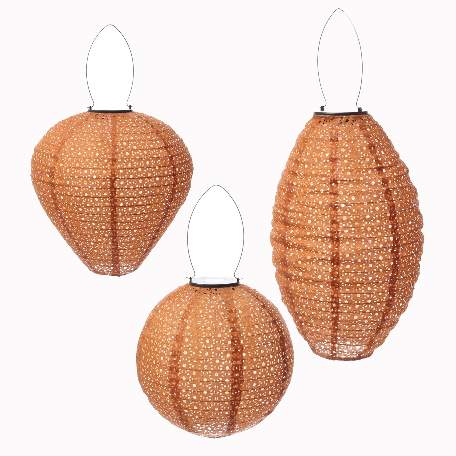 LED Solar Lampions mit Blumenmuster - oval/rund/Ballonform - Lichtsensor - braun - 3er Set