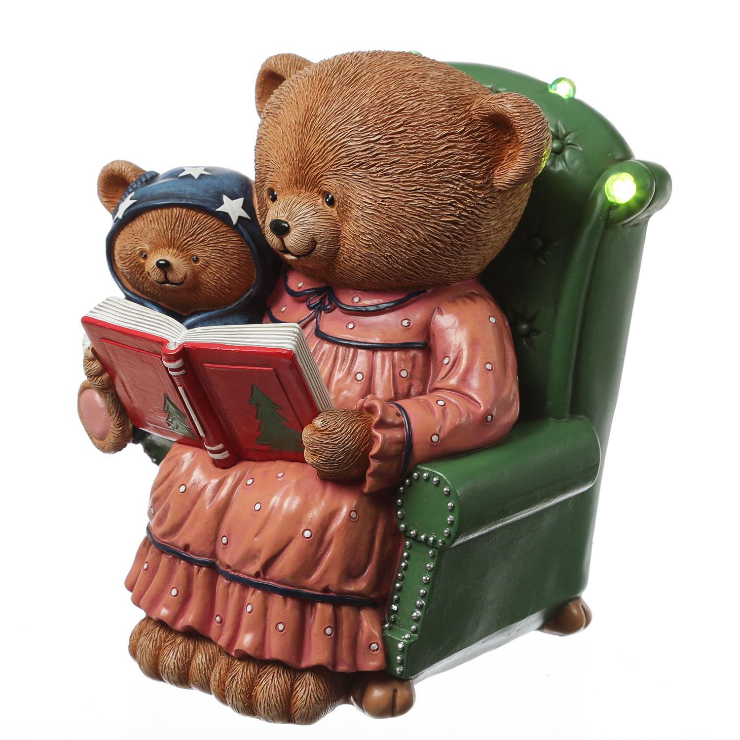 LED Bär mit Teddybär im Sessel mit Buch - Dekofigur - Polyresin - H: 22cm - Batterie - Timer