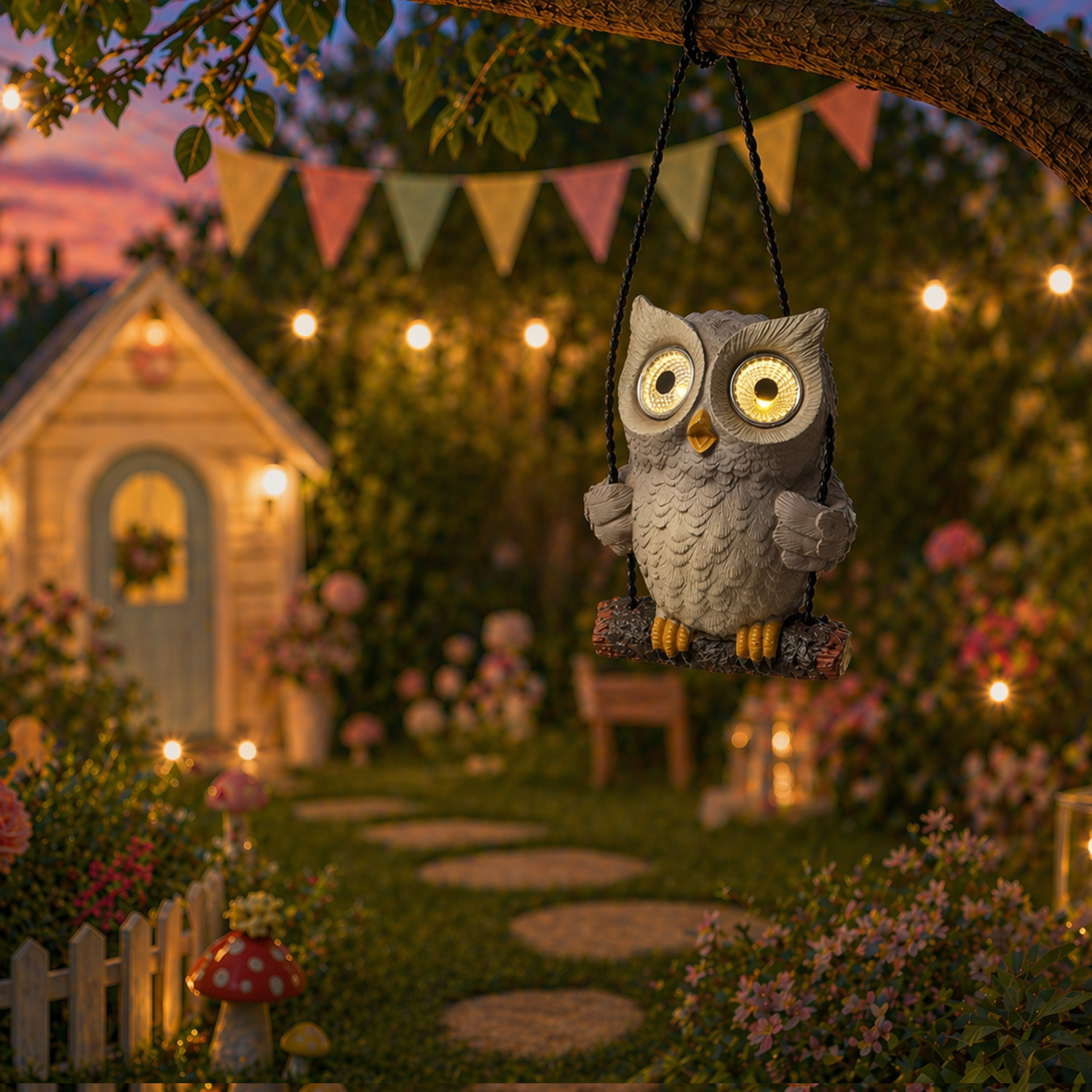 LED Solar Eule auf Schaukel - Gartenfigur mit leuchtenden Augen - H: 19cm - Lichtsensor